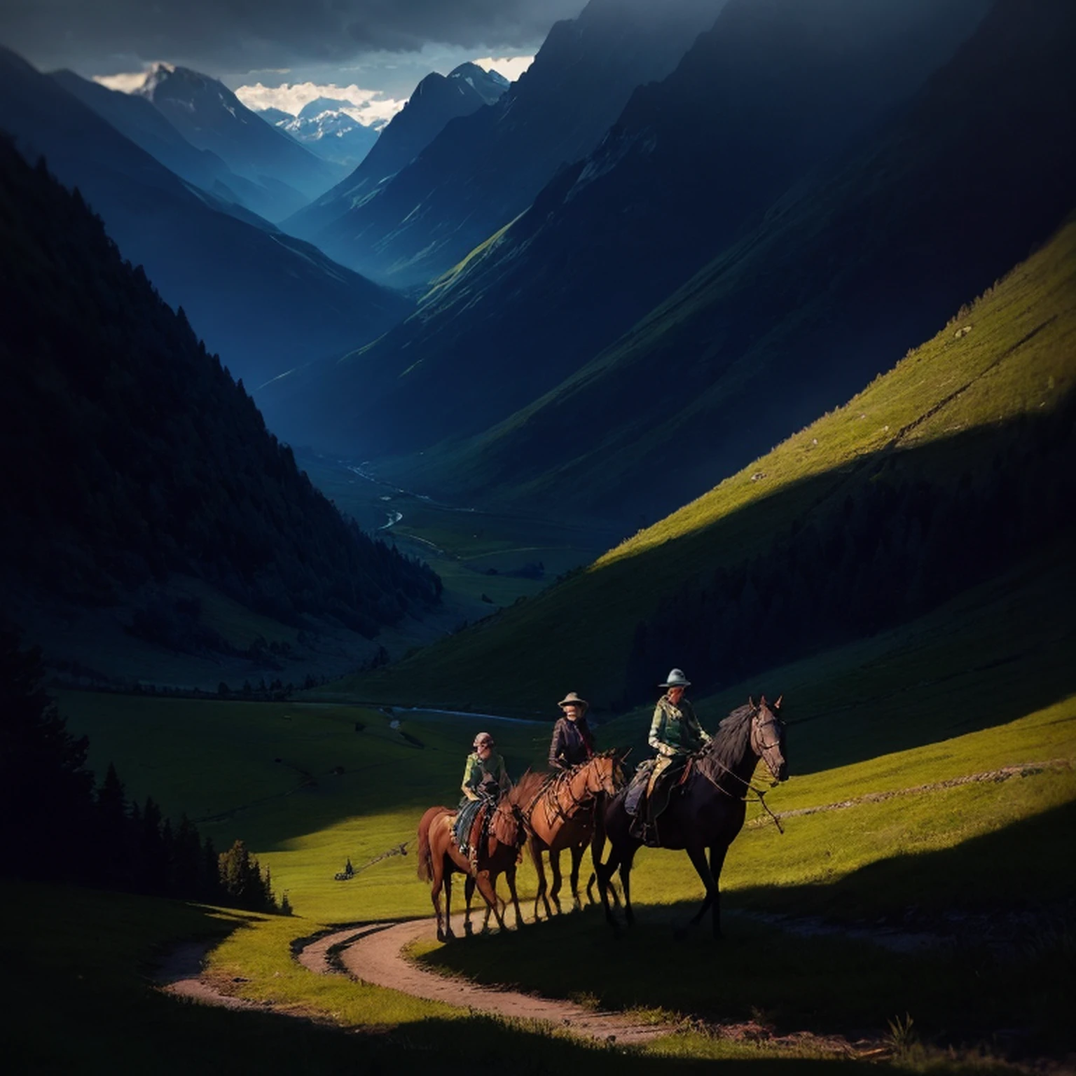 In a green meadow is a girl leading a group of horsemen. BREAK With a brave expression, she guides them towards their destination. BREAK Behind her, a green forest stretches out, and besides, mountains rise in the distance. The most suitable effect for this scene would be a watercolor painting technique to capture the softness of the meadow and the fluidity of the movement.