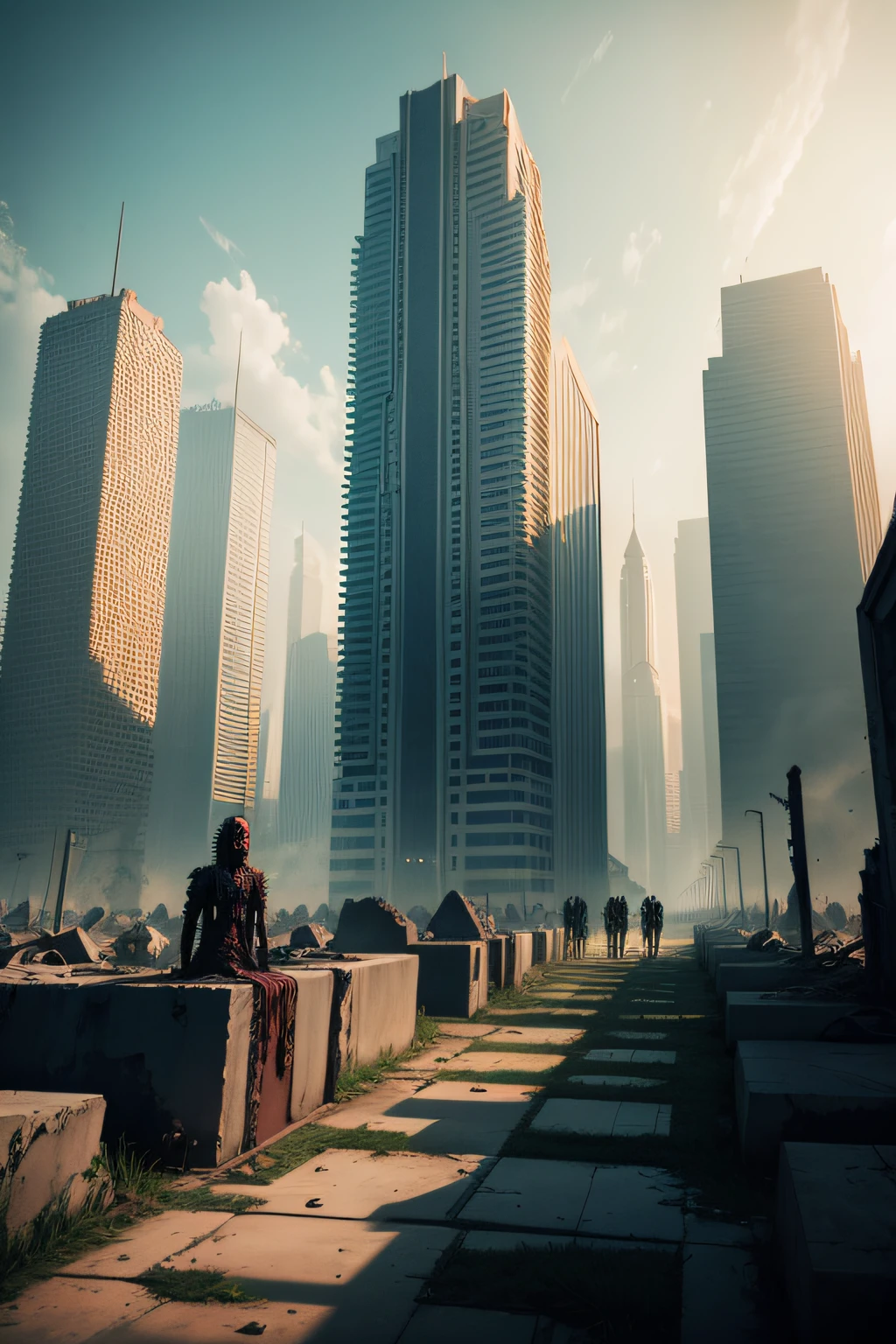 Ruins of a modern city，Ultra vision，You can also see many zombies outside the city