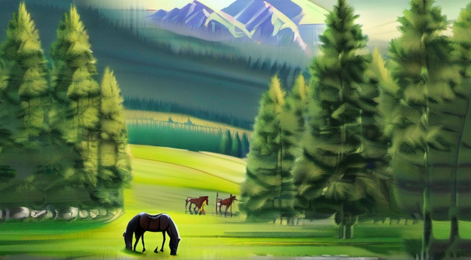 In a green meadow is a girl leading a group of horsemen. BREAK With a brave expression, she guides them towards their destination. BREAK Behind her, a green forest stretches out, and besides, mountains rise in the distance. The most suitable effect for this scene would be a watercolor painting technique to capture the softness of the meadow and the fluidity of the movement.