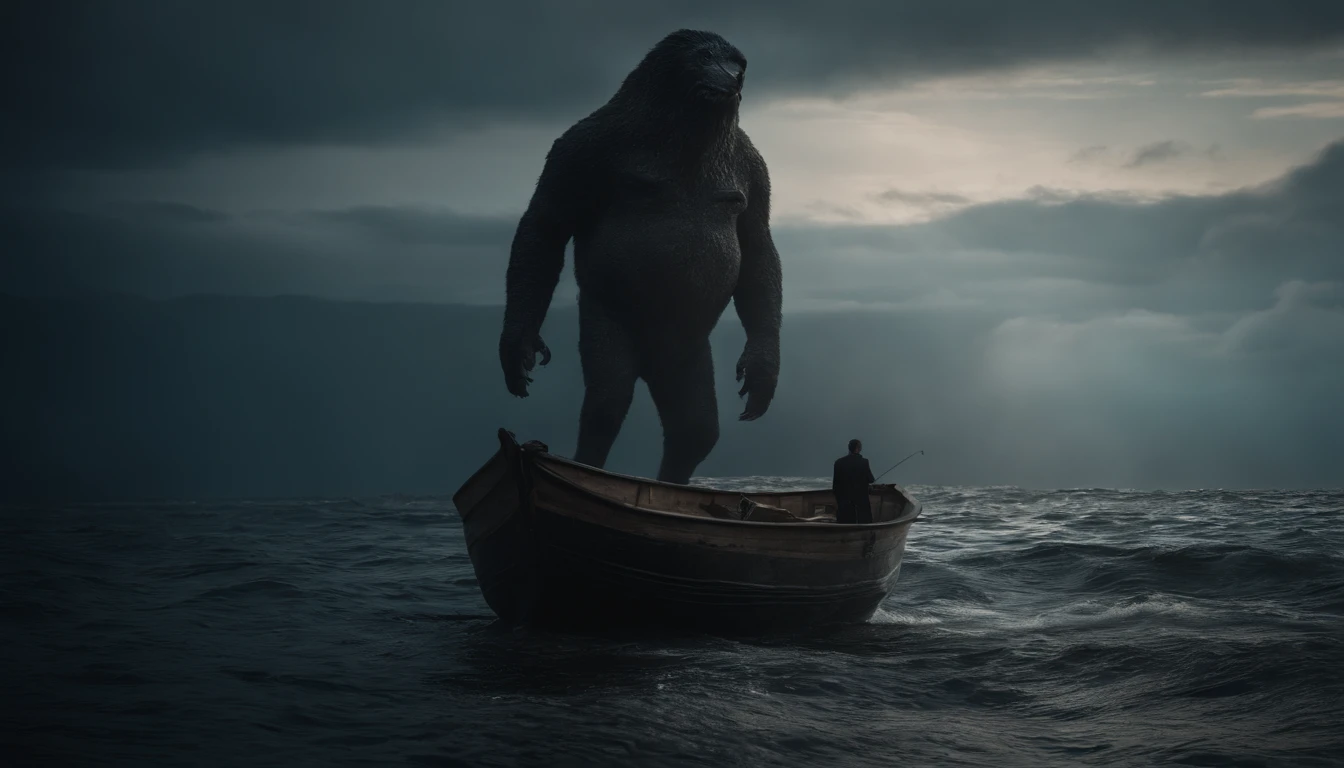 man in a wooden boat in the middle of the ocean with an abyssal monster just below on the seabed, that antarctica