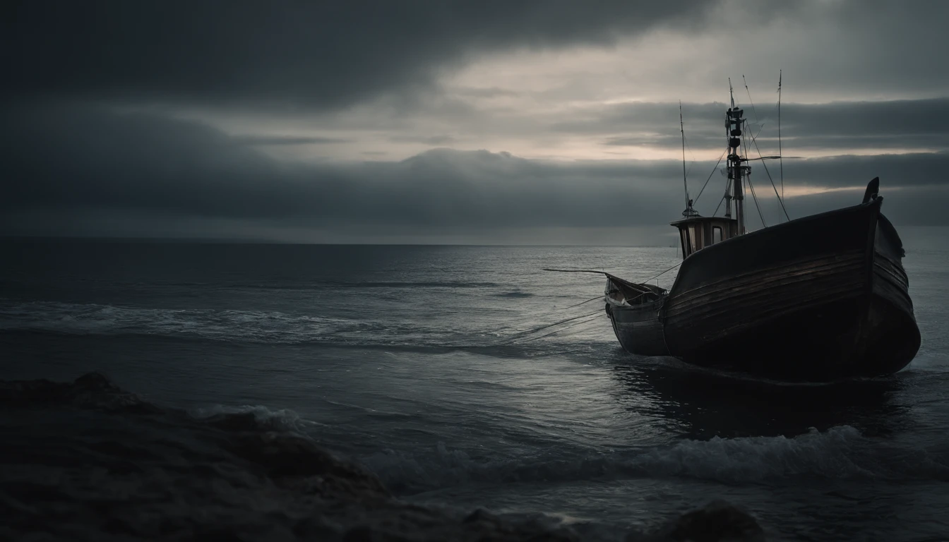 ugly monster, Body shape huge, standing in ocean, tosen, There is a small fishing boat around, A grand spectacle, Oppressive atmosphere, surrealism, Chiaroscuro, Cinematic lighting, Wide shot, Masterpiece, ccurate, Anatomically correct, Super detail, High details, Best quality