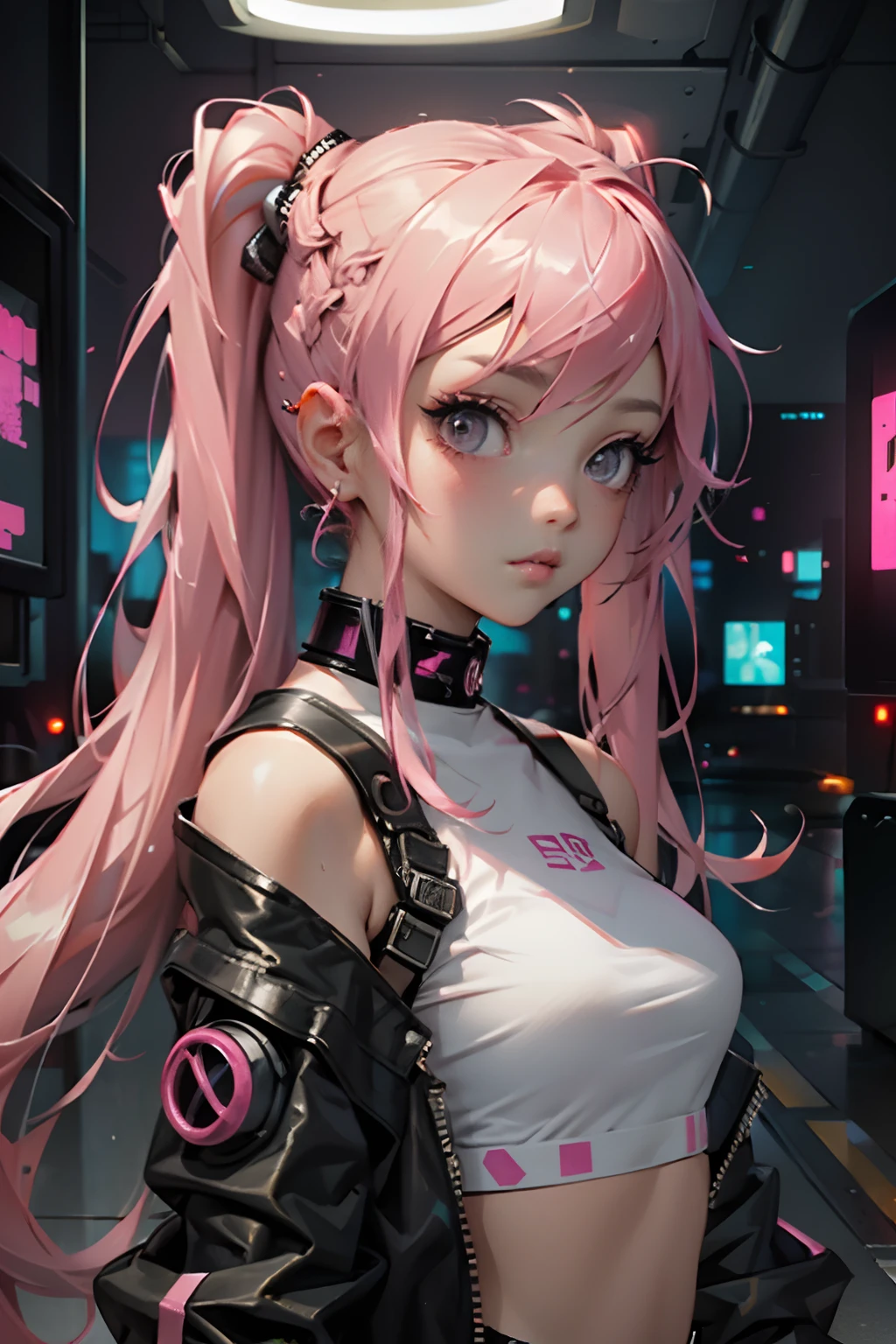 Beautiful woman pink twin tail long hair、cyberpunk style short clothes、gazing at viewer、front facing、