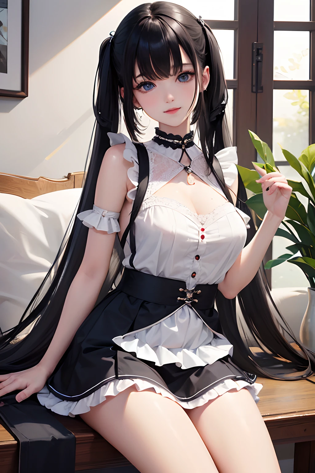 1girl in、looking at the viewers、
The upper part of the body、Beautiful blue eyes、Twin-tailed black hair、Moles under the eyes、Plump and glossy lips、Heart-shaped choker、gazing at viewer、smiling at the viewer、。.。.。.。.。.。.。.。.。.。.。.。.。.。.。.。.。.。.。.。.。.。.3D、realisitic、
Blouses with ruffles、Ultra mini skirt、florals、Lace trim、Meet at Cafe Terrace、
​masterpiece、top-quality、8K、detailed skin textures、Detailed Cloth Texture、beautifull detailed face、intricate-detail、ultra-detailliert、
Rim lighting、Side lighting、ciinematic light、超A high resolution、8K UHD、film grains、Best Shadow、delicated、gazing at viewer、front facing