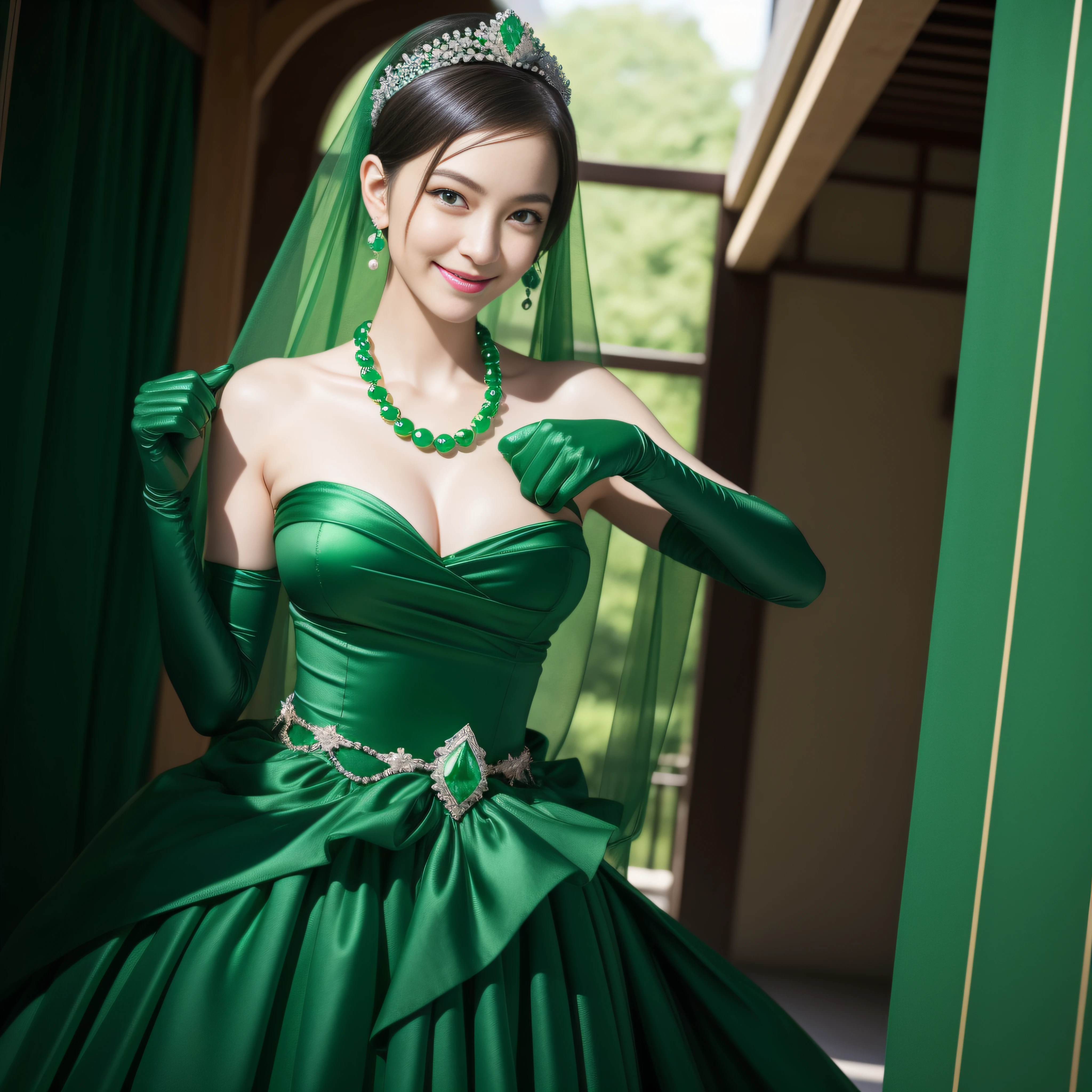 emerald tiara, Green Pearl Necklace, Boyish very short green hair, lipsticks, Japan woman smiling, very short short hair, fist, big breasts beautiful, Green eyes, Long green gloves made of satin material, Green eyes, Emerald Earrings