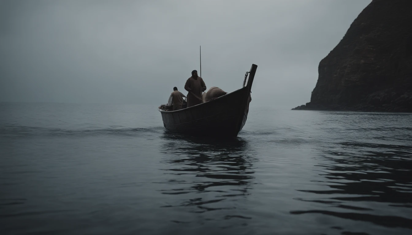 ugly monster, Body shape huge, standing in ocean, tosen, There is a small fishing boat around, A grand spectacle, Oppressive atmosphere, surrealism, Chiaroscuro, Cinematic lighting, Wide shot, Masterpiece, ccurate, Anatomically correct, Super detail, High details, Best quality