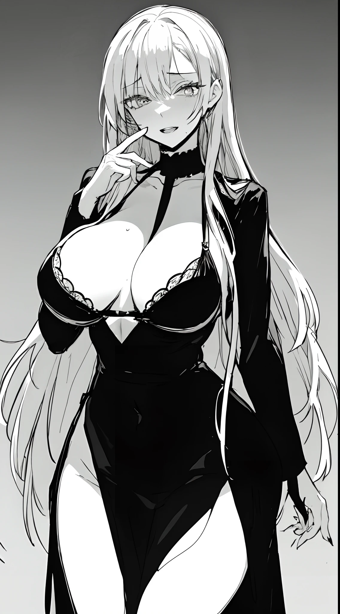 Stunning girl, erotic expression, white hair, big breasts, wide hips, slim body, black business robe, (Black and white, sketch), black background, hentai, simple poster, ((negative space)),