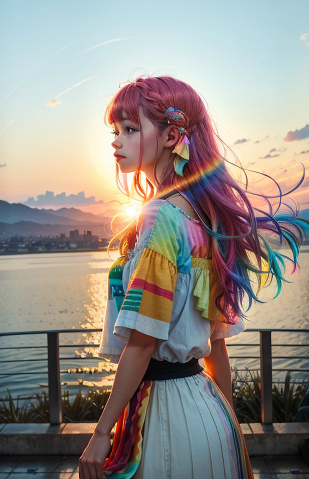 (far view), (1 girl) with loose hair, (sunrise), masterpiece, high quality, morning glow, multicolored glow, nikon d850 4 Kodak portra 400 camera f1.6 lens rich colors, ultra realistic textures, unreal engine