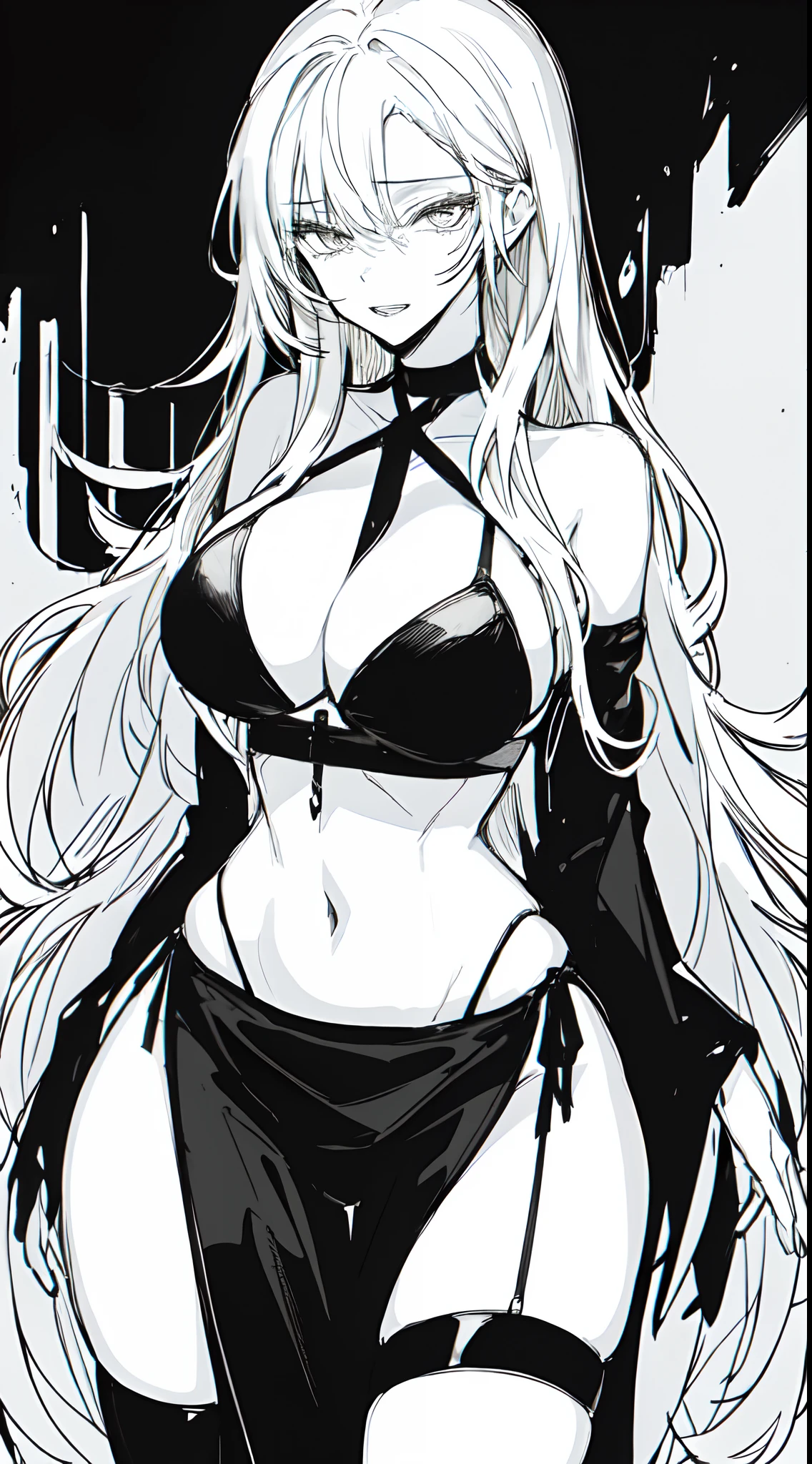 Stunning girl, erotic expression, white hair, big breasts, wide hips, slim body, black business robe, (Black and white, sketch), black background, hentai, simple poster, ((negative space)),