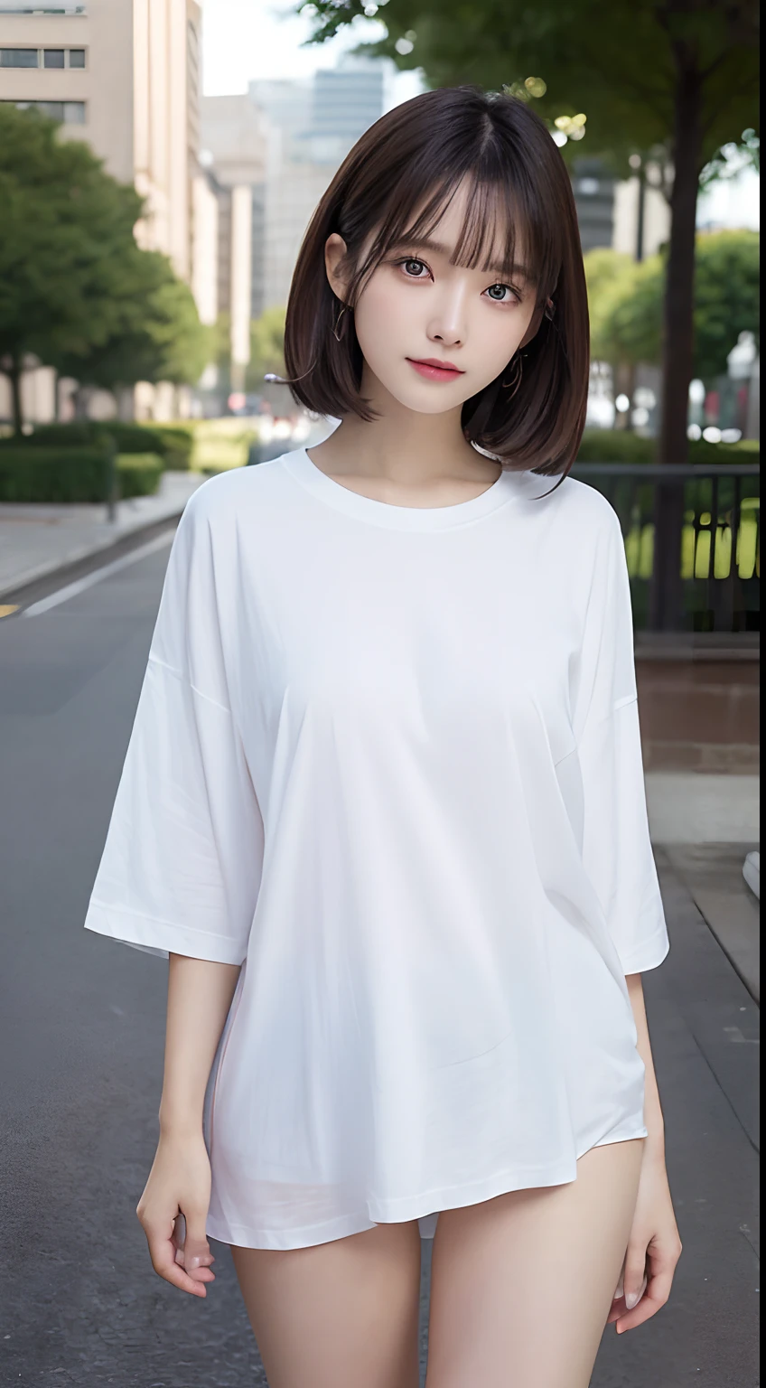 Innocent 20 year old girl、((Oversized white T-shirt,Dramatic poses)),Smile,short-cut,Park background、Raw photo, (8K、top-quality、​masterpiece:1.2)、(intricate detailes:1.4)、(Photorealsitic:1.4)、octane renderings、Complex 3D rendering ultra detail, Studio Soft Light, Rim Lights, vibrant detail, super detailing, realistic skin textures, Detail Face, Beautiful detail eyes, Very detailed CG Unity 16k wallpaper, make - up, (detailedbackground:1.2), shinny skin, Full body、From head to thigh、cleavage of the breast,((Standing with open legs))