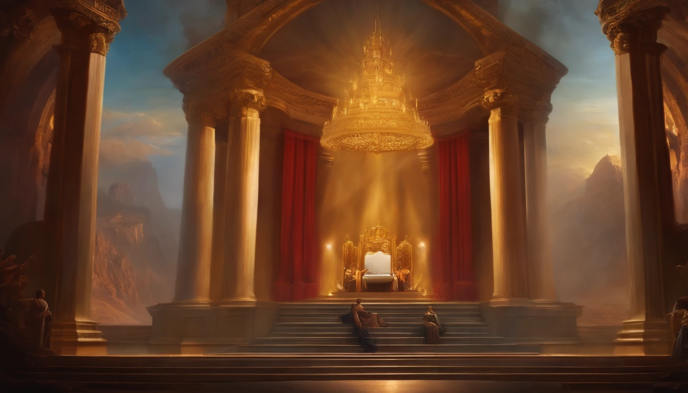 "The art of God sitting on the throne conversing with angels inspired by the dramatic style of British artist John Martin."