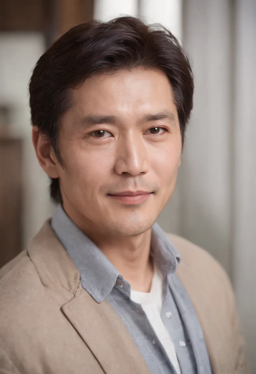 (Best Quality,hight resolution),(Realistic,Photorealistic:1.37),Detailed faces and facial expressions,Gentle eyes,subtle smile,Classic portrait style,Warm tones,soft and even lighting,Detailed clothing,calm and peaceful ambiance、Looking at the camera、Japan male at 50 years old、Smiling kindly、Head-on photo、(Hair is thin:1.4)