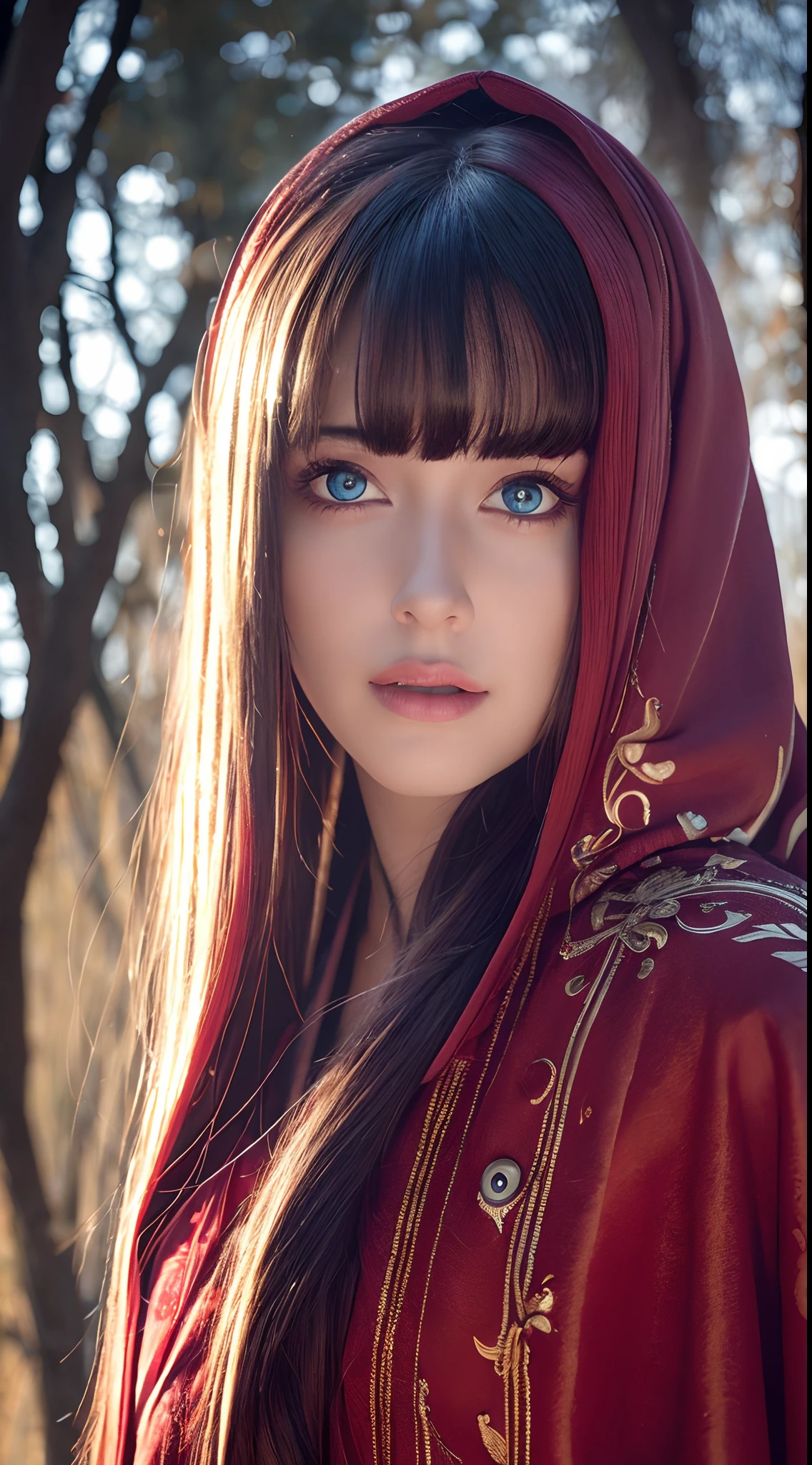 Best quality, 4K, high resolution, Masterpiece:1.2, super ultra detail, (Realistic, Photorealistic, photo-realistic:1.37), vibrant, Red and blue heterochromic eyes，Strong gaze，Mesmerizing eye contact，Fire-red iris，Dark blue shining stars，Shining pupils，Vivid colors，Portrait，Fantasy art，Magical red light，Ethereal beauty，Red color palette，Long yellow hair，Cloak like red