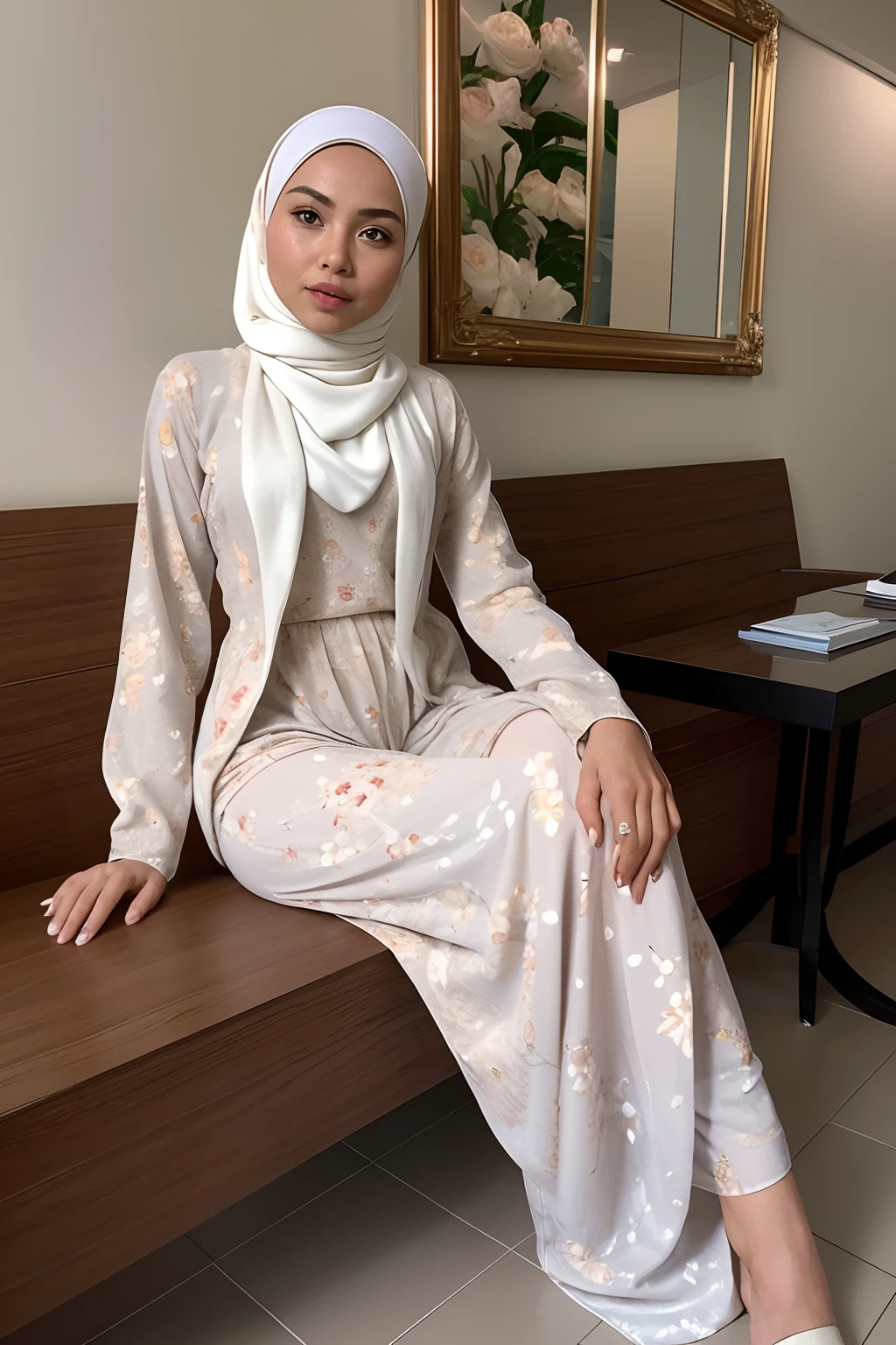 Malay girl in hijab, 30 years old , slim body abs, petite , ((small breast:1.0)), beautiful lady, Nikon Z 85mm, ((best quality)) ((masterpiece)), intricate detail, ((almost )), sharp focus, professional, realistic, real life, hyperreal, photorealistic, fine detail, best quality, ultra high quality photo, very Detailed CG unity 8k wallpaper, perfect artwork, Full body, realistic, perfect female hourglass figure, thin waist, wide buttocks, looking at viewer, extremely delicate and beautiful, best quality, beautiful detail girl, beautiful eye detail, face lighting, film lighting, perspective, perfect collarbone, realistic facial expression, (exquisite detail, makeup, (exquisite beautiful exquisite face, delicate and beautiful eyes, a face with perfect proportions, high-detailed skin,((wearing tight white floral malay gamis with plain hijab)), simple diamond necklace, ((sexy clothes), ((perfect clothes)), luxury hotel