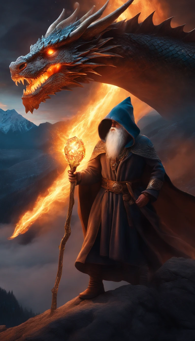 A wizard, wearing a hood with luminous eyes, is holding a staff with a luminous crystal at the tip. Behind him is a Huge Dragon, breathing fire upwards. Scenery amidst a mountain and a starlit sky.