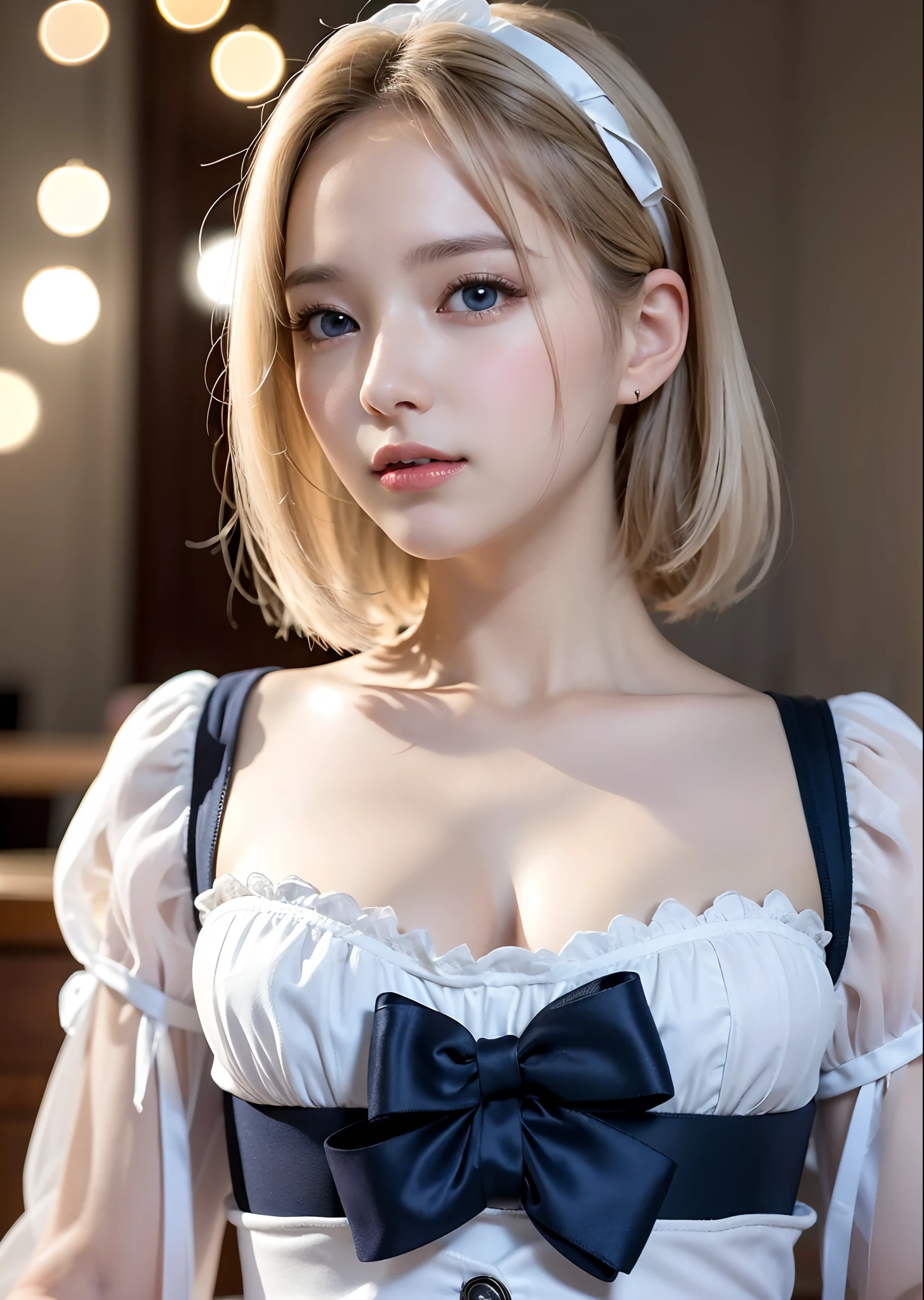 8K, Black velvet bunny girl costume, velvet, a 20 yo woman, Bokeh background, bokeh feeling, Girl's room, a smile, White Skin Skin, A pretty girl, breasts on table, White choker and black bow tie, White cuffs, Short twin tail hair