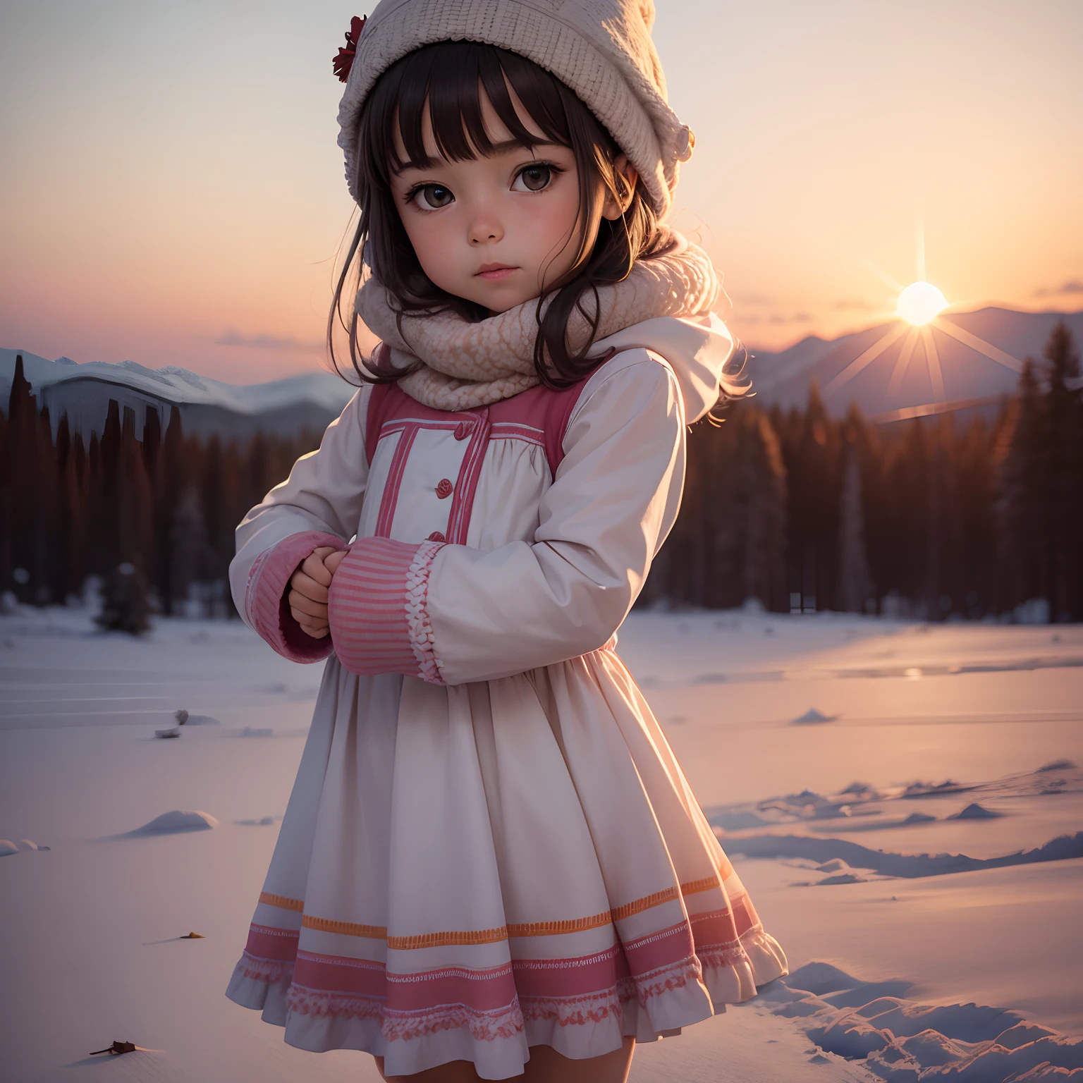 A six year old daughter wearing a winter sunrise dress
