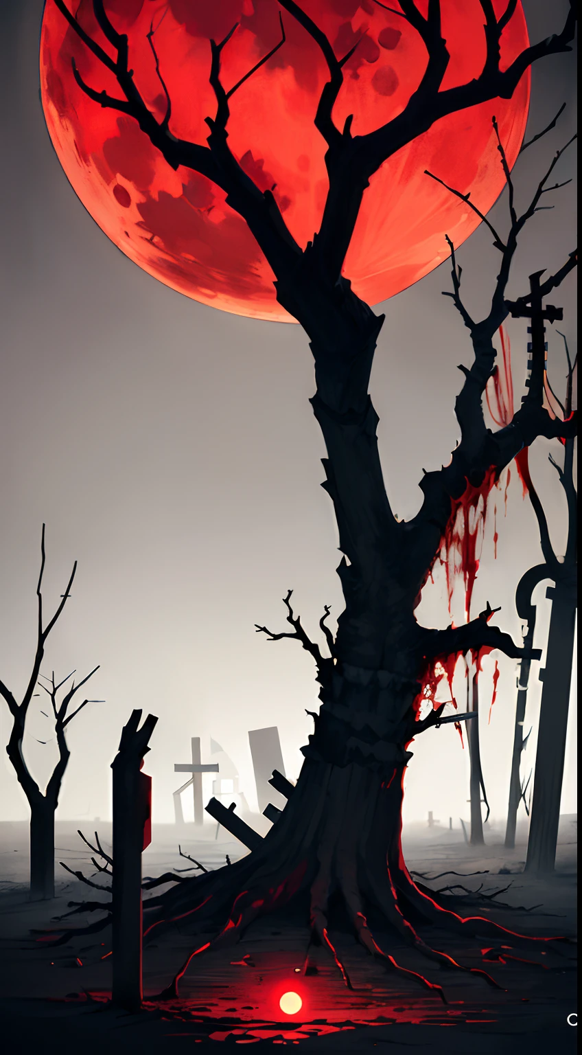 oil, a dead tree, sadness, gray, empty feeling,loniless, branches, fog, horror, (red moon), artistic, sad emotions, cinematic image,white cat, death,danger, graveyard, cross, blood,