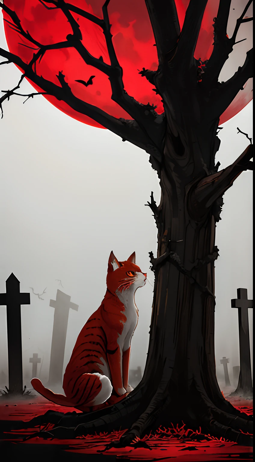 oil, a dead tree, sadness, gray, empty feeling,loniless, branches, fog, horror, (red moon), artistic, sad emotions, cinematic image,red cat, death,danger, graveyard, cross, blood,