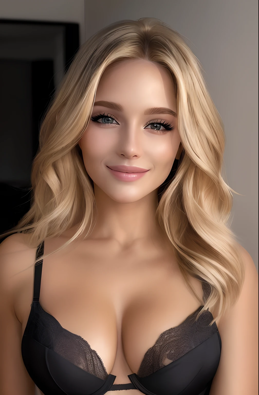 Blonde woman in black bra top posing for a photo in a studio, mulher loira bonita, mulher loira, Blonde and attractive features, loira mulher jovem bonita, menina loira bonita, uma loira linda, Menina sexy com cabelo loiro longo, mulher loira nova, longos cabelos loiros e olhos grandes, modelo feminino bonito, cabelos loiros e olhos grandes, sorrindo, sentada na cama, calcinha preta pequena