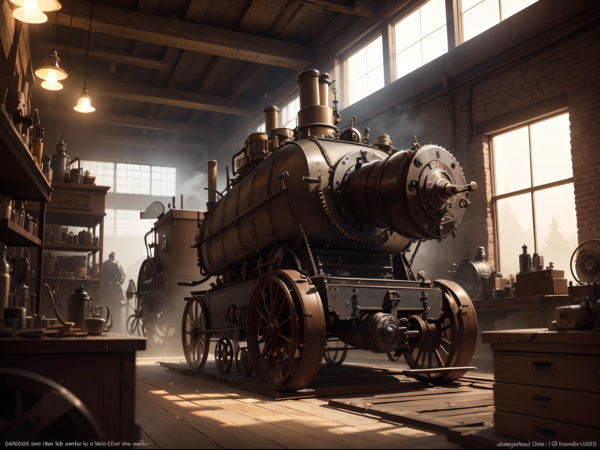 Steampunk digital art of an inventor’s workshop, with intricate machines, gears, and steam engines, extremely detailed, cinematic lighting.