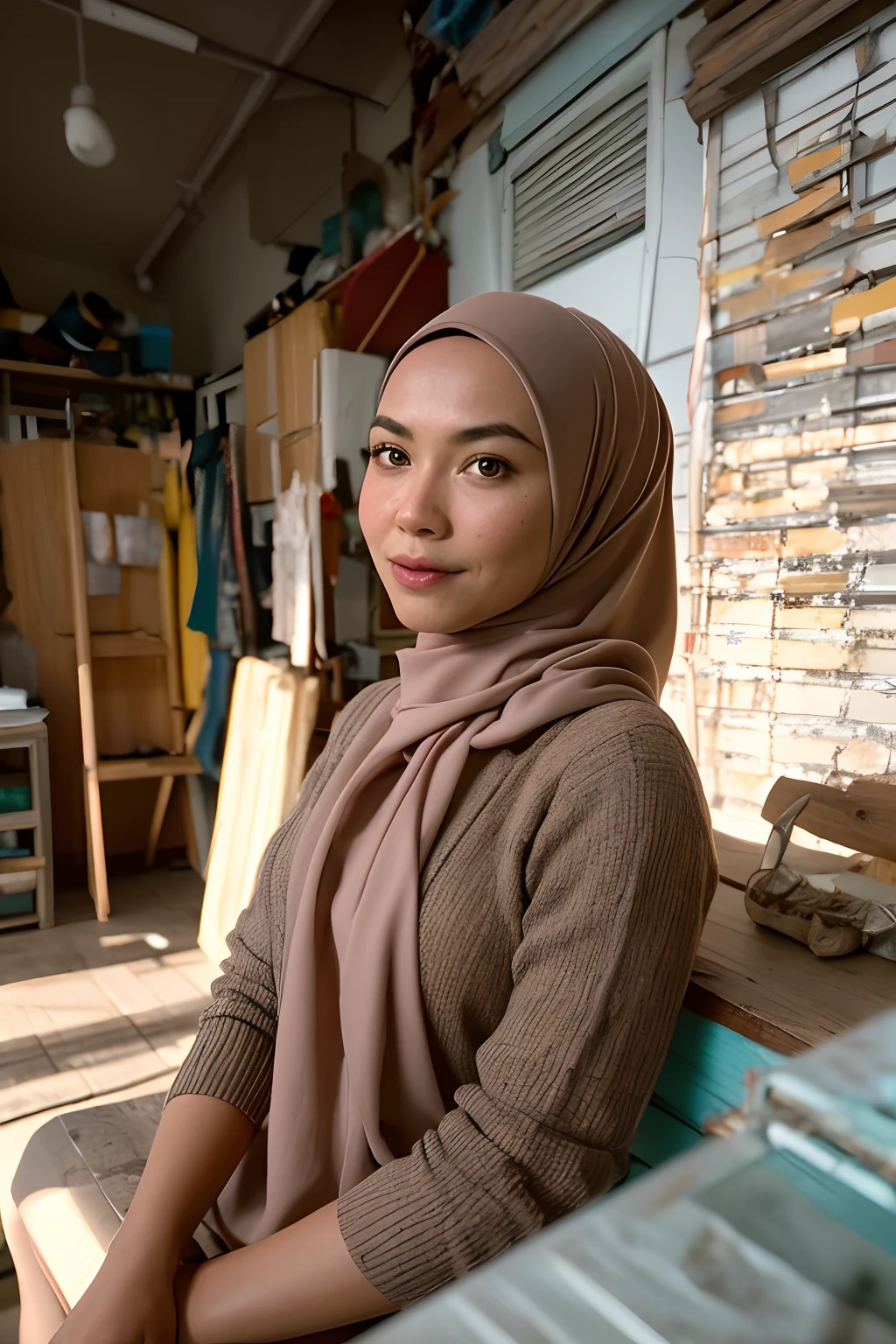 a matured malay woman in the style of nocturne, wearing hijab, dreamy atmosphere, dark cyan and red, i can't believe how beautiful this is, serene atmosphere, piles/stacks, flickering light, epic realistic, broken old boat in big storm, illustrated by herg, style of tin tin comics, pen and ink,art by greg rutkowski and artgerm, soft cinematic light, (depth of field:1.4), faded, (neutral colors:1.2), (muted colors:1.2), (artstation:1.4), cinematic, warm lights, dramatic light, complex background, (rutkowski:0.66), (teal and orange:0.4), hdr, (intricate details, hyperdetailed:1.15) (skin texture:1.2)