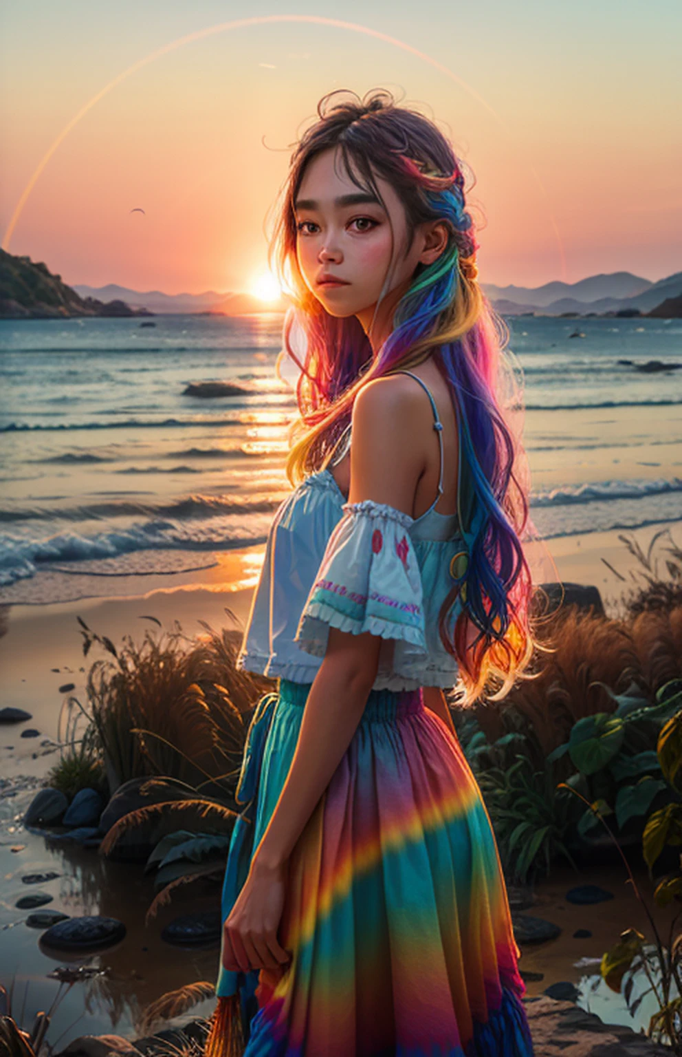 (far view), (1 girl) with loose hair, (sunrise), masterpiece, high quality, morning glow, multicolored glow, nikon d850 4 Kodak portra 400 camera f1.6 lens rich colors, ultra realistic textures, unreal engine