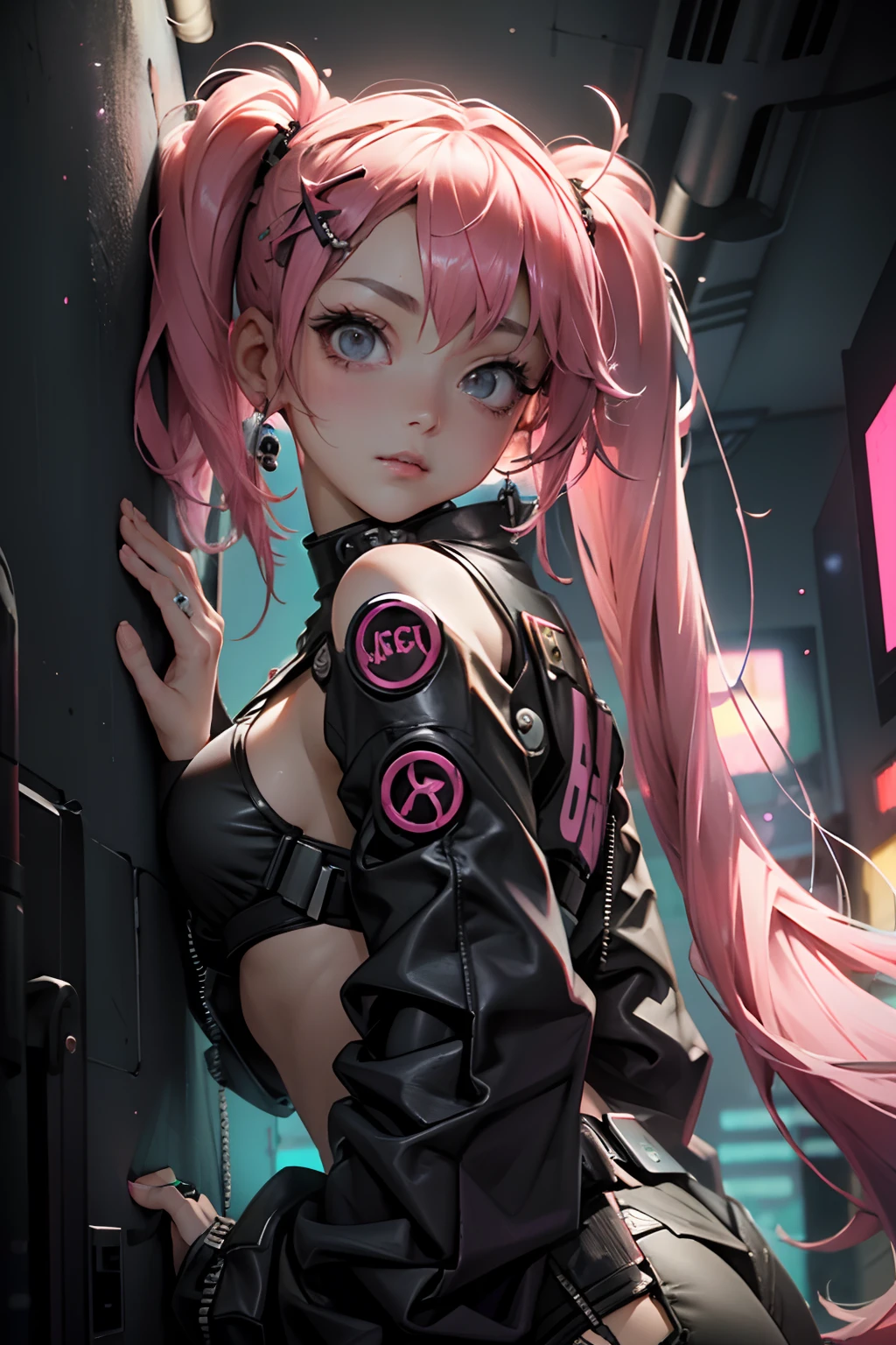 Beautiful woman pink twin tail long hair、cyberpunk style short clothes、gazing at viewer、front facing、