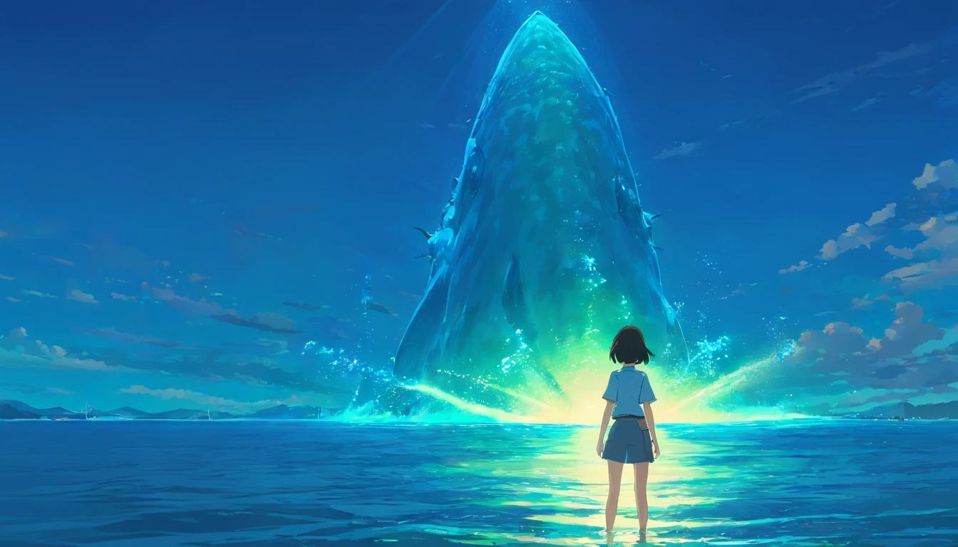 ugly monster, Body shape huge, standing in ocean, tosen, There is a small fishing boat around, A grand spectacle, Oppressive atmosphere, surrealism, Chiaroscuro, Cinematic lighting, Wide shot, Masterpiece, ccurate, Anatomically correct, Super detail, High details, Best quality