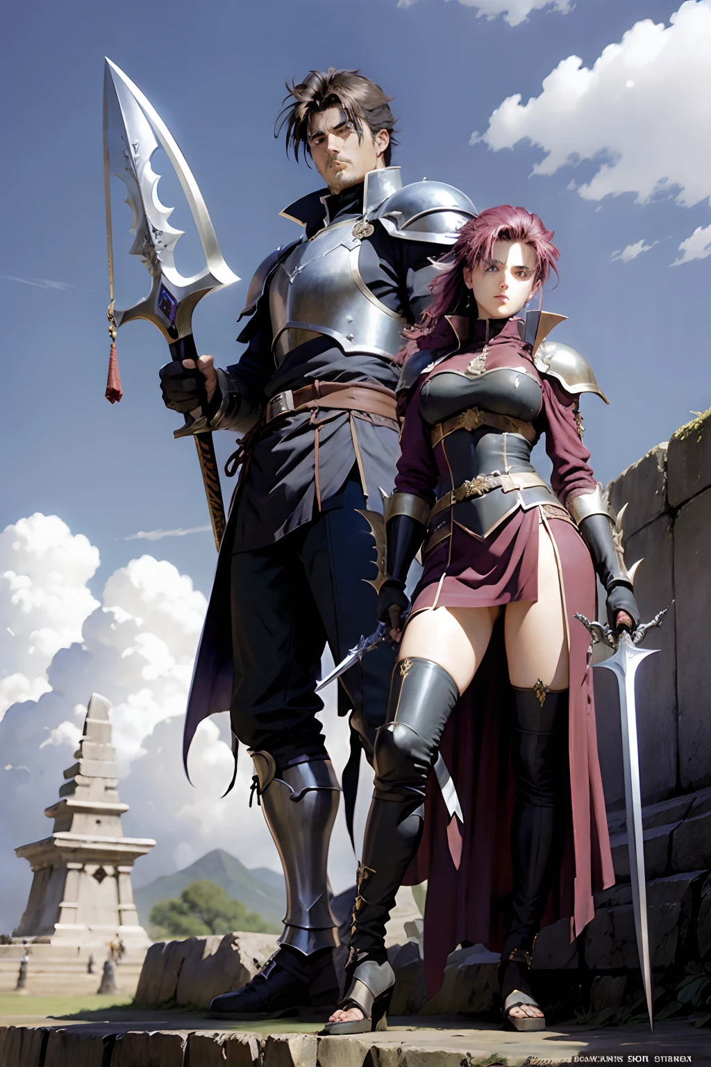 Guerrier énorme wielding dual blades dragonslayer swords, tombant du ciel , relique d'une ancienne bataille,digital art 90's style by takehiko inoue .