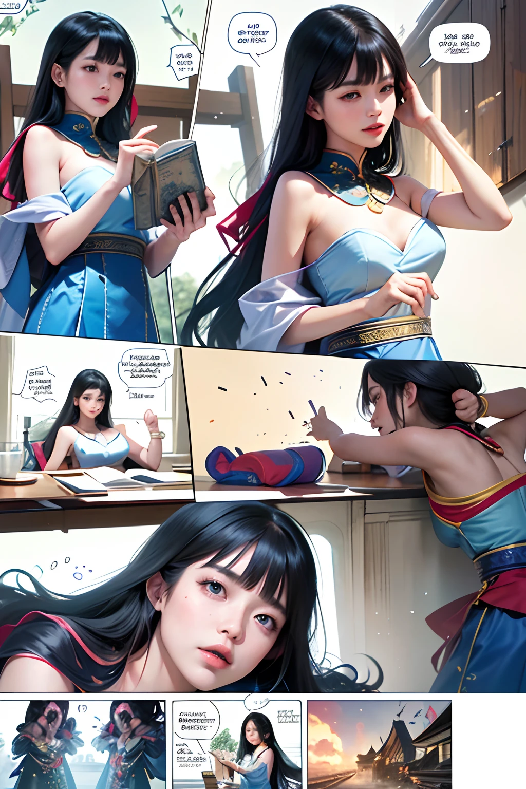 Comic storyboard, 1 Chinese woman，The beautiful，Costume dress，edgBunny，full moon, 32K ，hyper HD, manga book