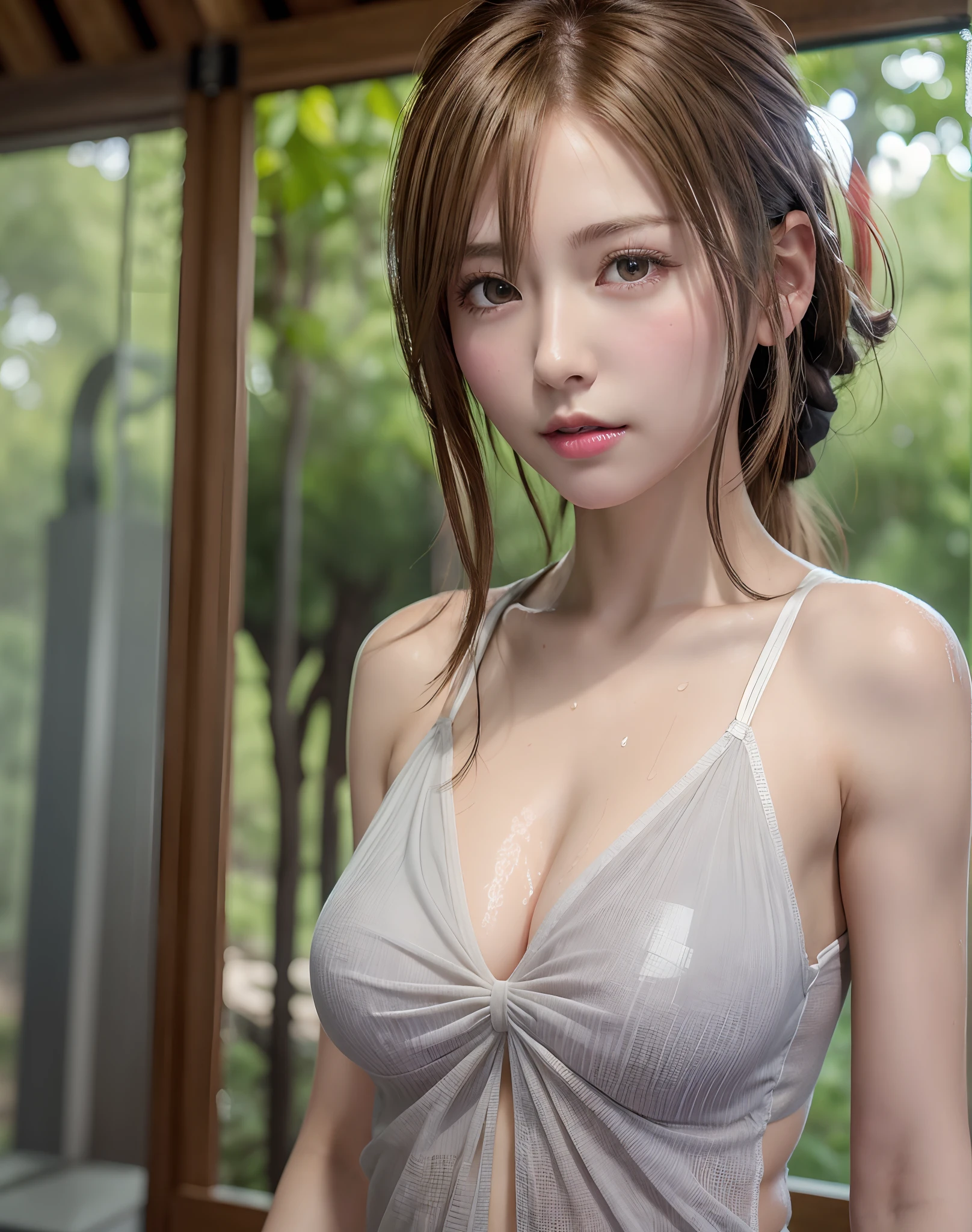 (masutepiece), (Best Quality), (Detailed), Light Layer, 1 Solo Girl, Girl in the forest, Sexy transparent colonial dress, Perfect body, Blonde hair, Defined chest, Defined clavicle, A hyper-realistic, Photorealistic, Detailed, Perky see-through , Wet clothes,
