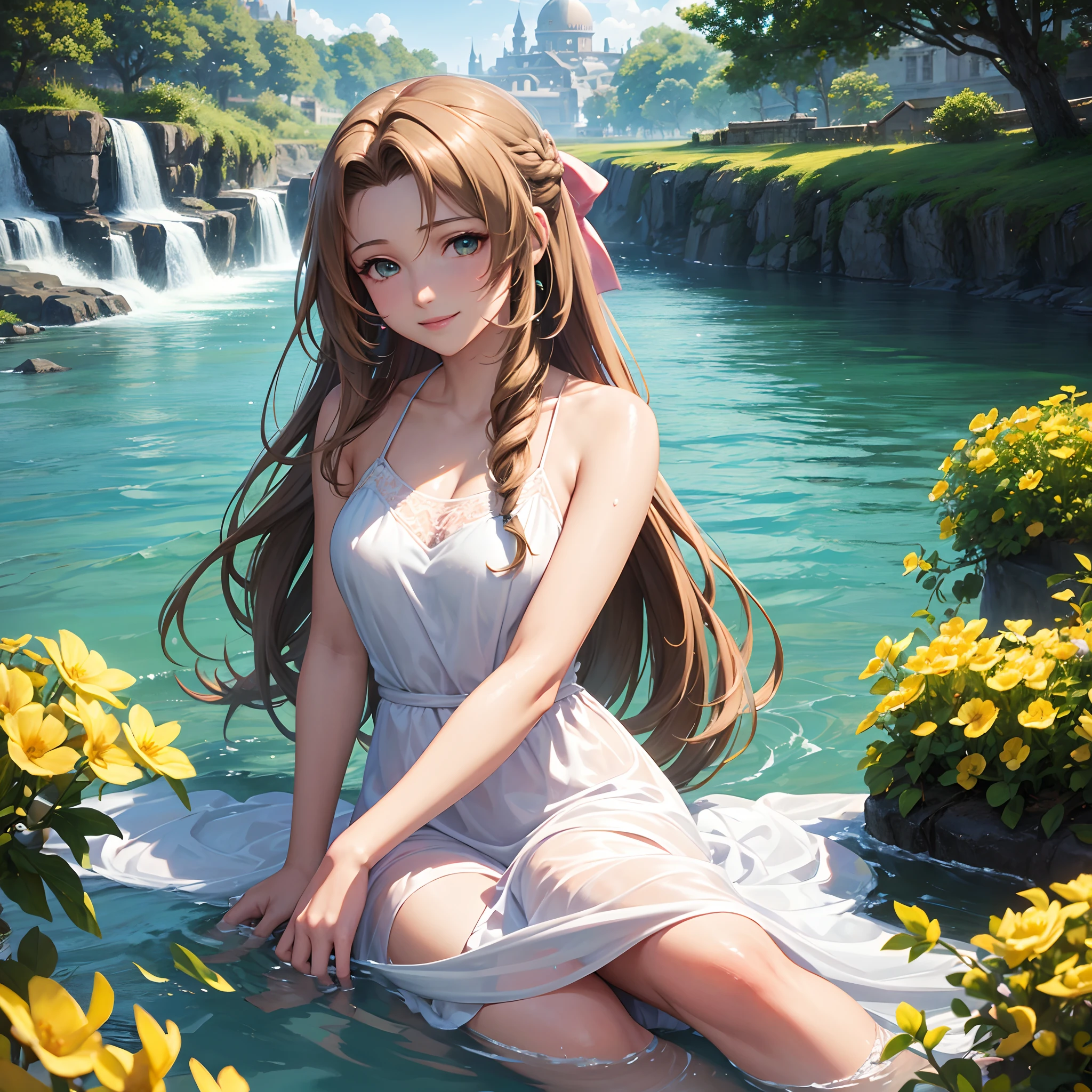 Aerith, long hair, brown fur, flowing against the wind, beautiful bright green eyes, looking at the camera, hair bow, 4k, Ultra HD | |, hyper detailed, close up, water, detailed water, detailed reflection in water, Final Fantasy River, Old city background,Final Fantasy 7,ff7,yellow flowers in the background,relaxed pretty face,Soft Face,Lying in the water, Cinematic,long light pink dress,Aerith Gainsborough dress,delicate and detailed hands,very beautiful face,Beautiful body, posing, circumstantial, beautiful hair,Detailed green eyes, looking at the camera,Aerith Gainsborough,Final Fantasy 7,Woman, masterpiece ,Aerith Gainsborough hair,8k,final fantasy environment,Old city background, smiling softly, beautiful,red cropped,character,realistic style