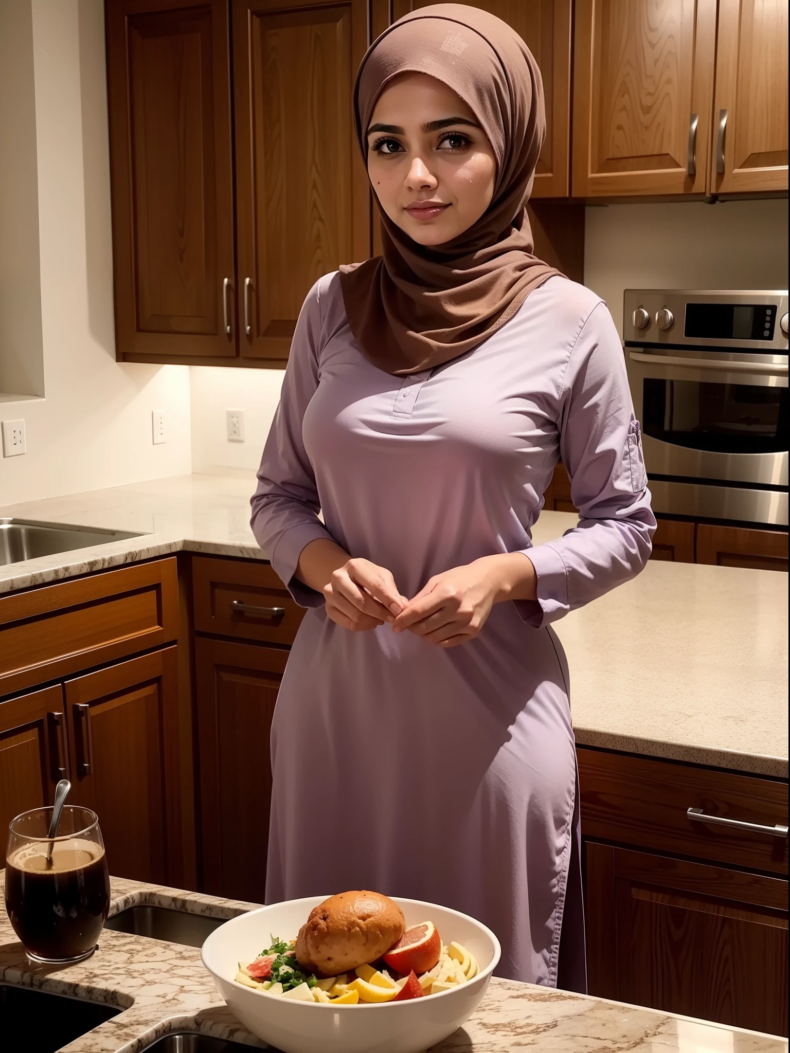 malay girl naked in hijab baking cake, dimple, big front teeth, gold necklace, laughing, happy, messy kitchen, flour in face and body, wet bikini, wet flour in body and face, detailed skin texture, soft lighting, too many smudge flour in body and face, style raw, pastel color grading, Super 8mm lens, Deep Focus cinematography effect