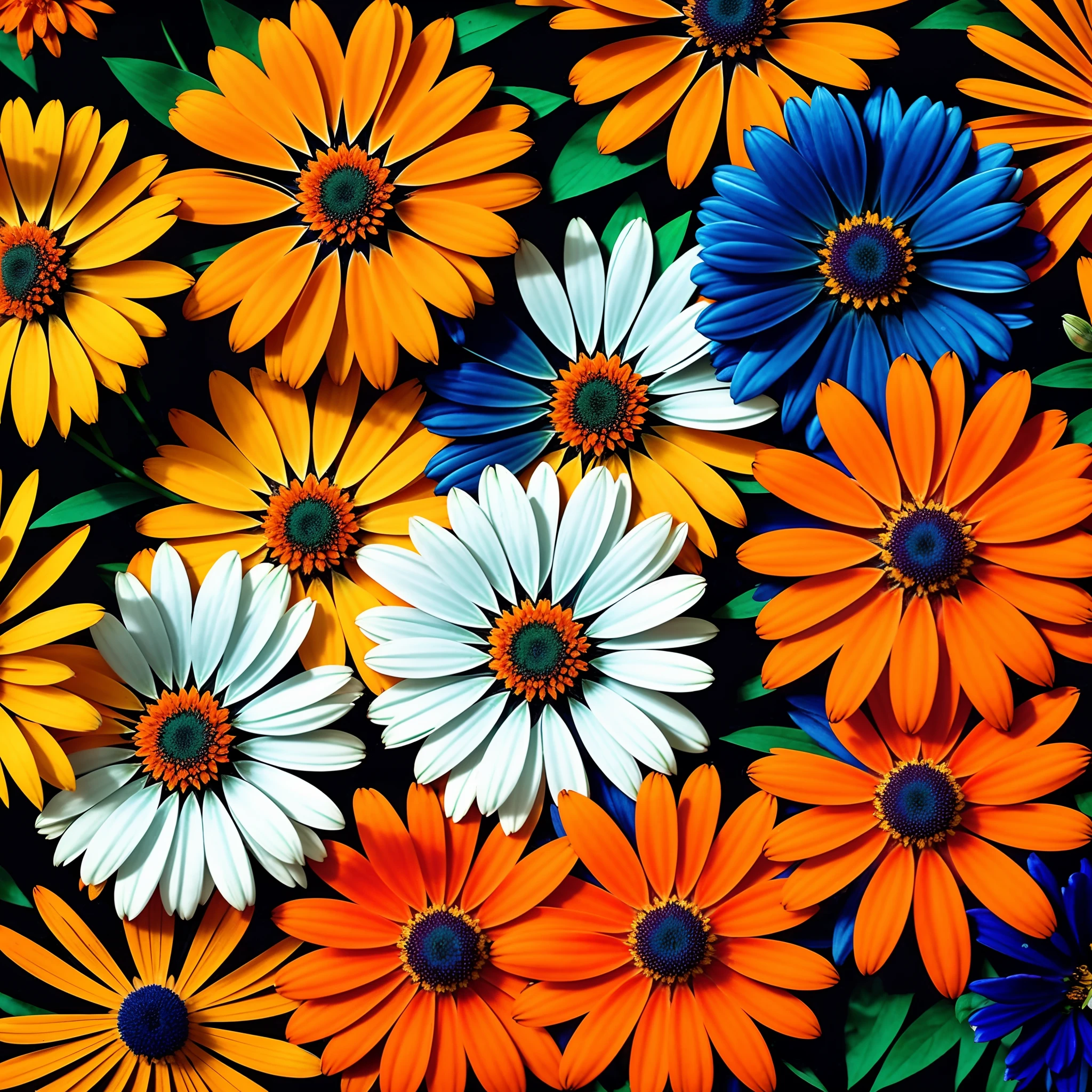There are many different colored flowers that are in the picture, orange and blue colors, strong blue and orange colors, blue and orange, blue and orange tones, blue and orange palette, orange and blue tones, orange and blue, blue and orange color scheme, bright color flowers, orange and blue color scheme, some oranges and blues, colorful flowers, beautiful flowers, Primary: #375D81 (dark blue) Secondary: #82A6C0 (light blue) Highlighted: #FF7F50 (orange) Complementary: #D4AF37 (aged gold) Neutral 1: #FFFFFF (white) Neutral 2: #000000 (Black) 1:1