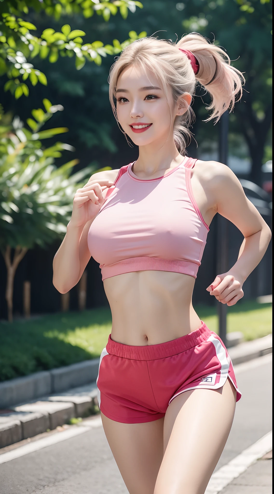 best quality, 4k, 8k, Detailed faces, clear face, Beautiful Girl, Korean makeup, red lips, smiling, Perfect body, big breasts, thigh, Platinum hair, hair tied in a ponytail, Girl in sportswear, short crop top, Tight shorts, Black and pink outfits, run, running posture, Dynamic posture, View of the city park,