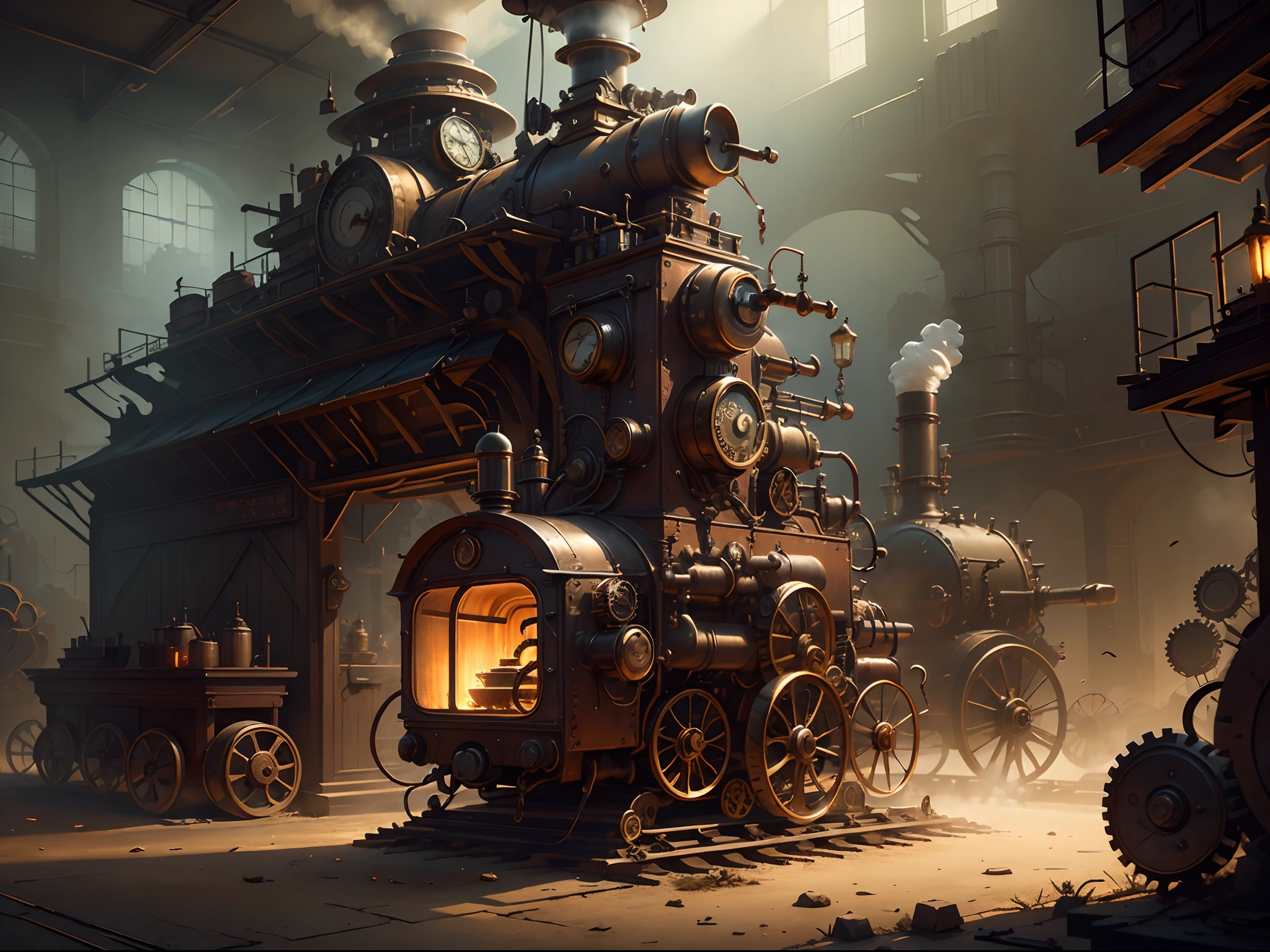 Steampunk digital art of an inventor’s workshop, with intricate machines, gears, and steam engines, extremely detailed, cinematic lighting.