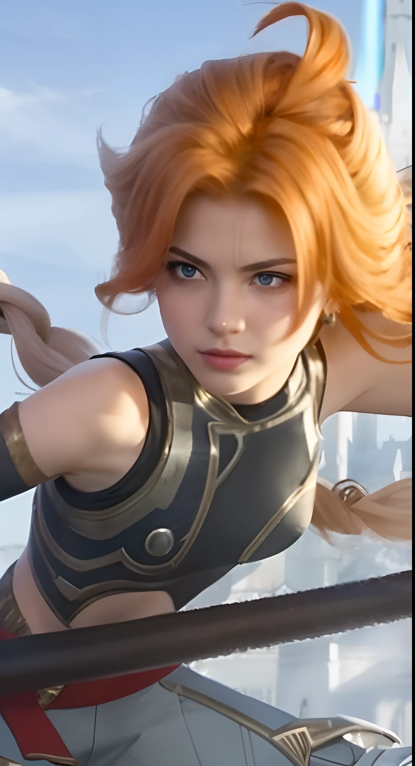 1girl, blue eyes, looking at viewer, orange hair, long braid hair, armor, royal dress, stick, castle, sky, detailed face, best quality, photorealistic, photography, masterpiece, 8K, HDR, RAW photo, absurdres:1.2, film grain, high res,(skin dentation), (professional lighting, bokeh, lens flare), (vibrant color:1.2), gorgeous, bloom,(light particles, lens flare, glowing particles:0.6),