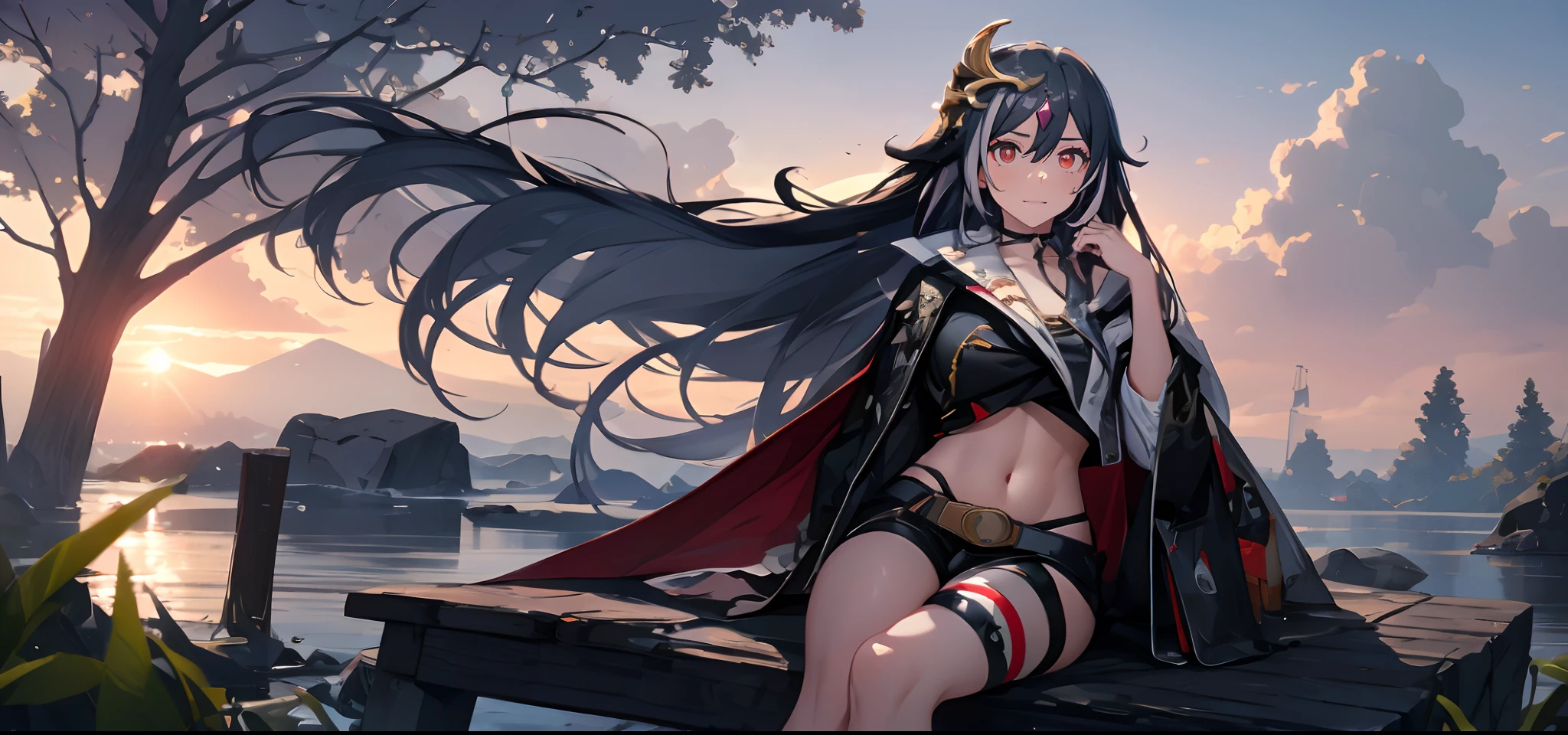 senti, silver hair, red eyes, hair ornament, multicolored hair, long_hair, navel, long_hair, black_hair, horns, 1girl, breasts, hair_ornament, looking_at_viewer, midriff, smile, wide_sleeves, holding, long_sleeves, weapon, outdoors, sitting, stomach, tree, solo, very_long_hair, sky, black_skirt, shorts, medium_breasts, cape, skirt, black_jacket, water, black_shirt, floating_hair, bangs, crop_top, miniskirt, thighs, cloud, short_shorts, lips, belt, large_breasts, hand rest