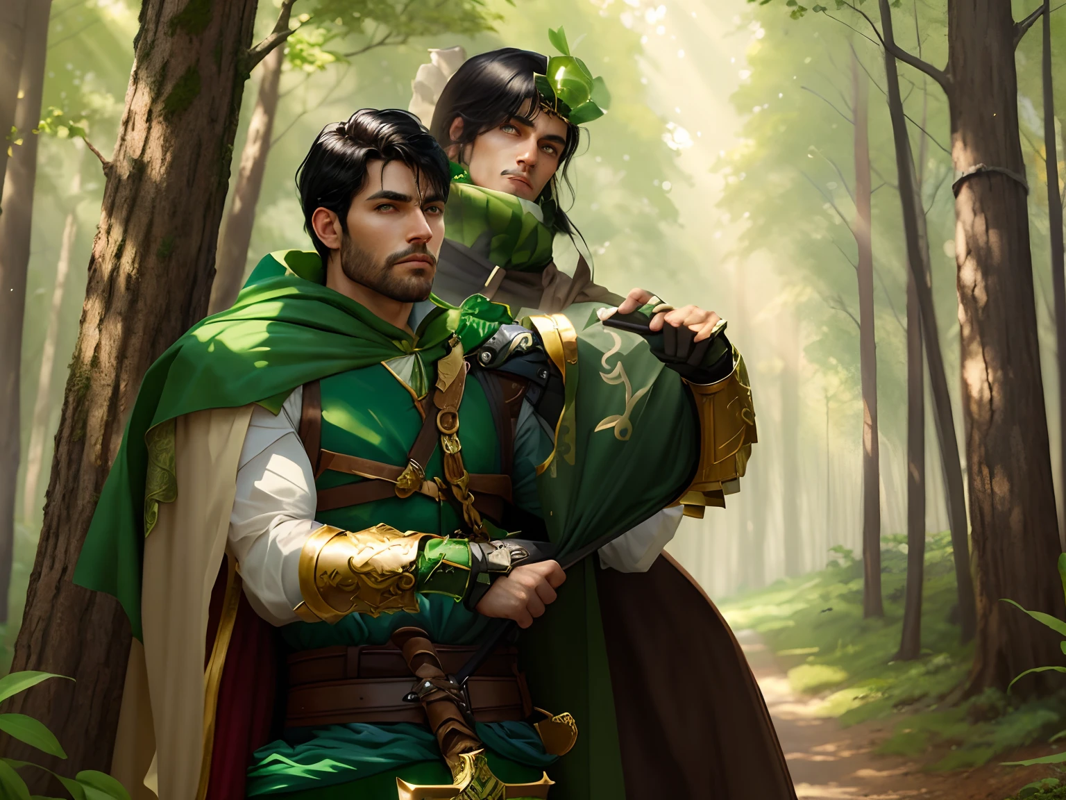 A man in a green cape, holding a sword, with golden bracelets, and green armor, black hair brown eyes, looking at the camera, in a forest, fantasy medieval.