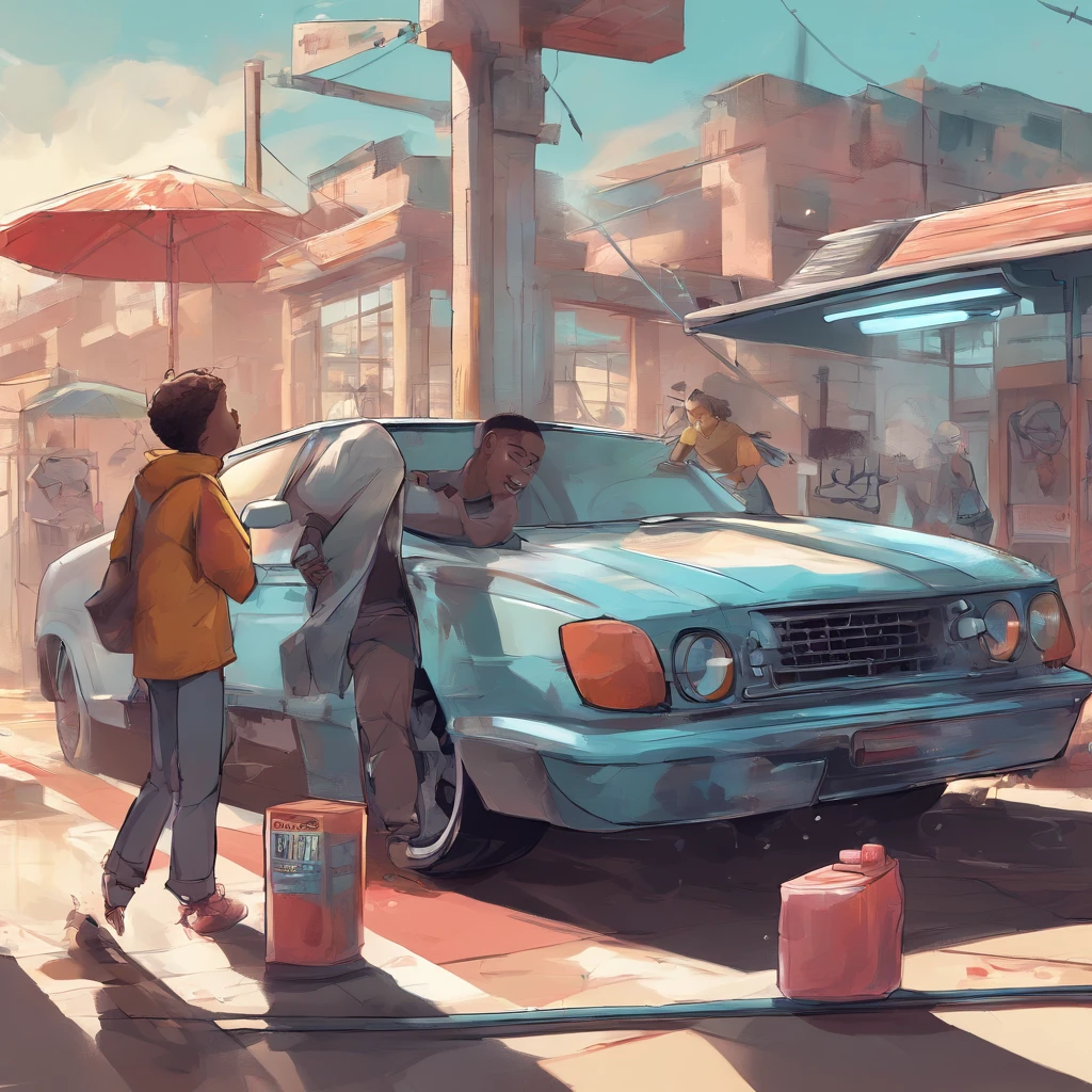 Semi-realistic car wash illustration, Girl washing the car, The boy squatted in the car suit, The other holds the jacket and carefully examines the translucent color of the part, Each one makes different parts in the packaging application process of cars. One of the males has darker skin. 4k,K HD |。.