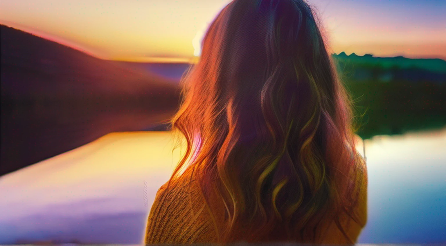 (far view), (1 girl) with loose hair, (sunrise), masterpiece, high quality, morning glow, multicolored glow, nikon d850 4 Kodak portra 400 camera f1.6 lens rich colors, ultra realistic textures, unreal engine