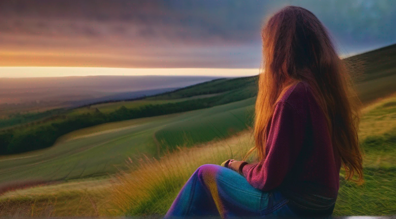 (far view), (1 girl) with loose hair, (sunrise), masterpiece, high quality, morning glow, multicolored glow, nikon d850 4 Kodak portra 400 camera f1.6 lens rich colors, ultra realistic textures, unreal engine