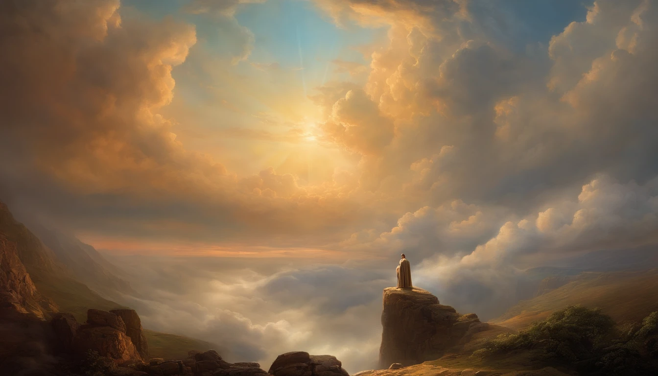 "The art of man looking up and god on a throne in the clouds inspired by the dramatic style of British artist John Martin."