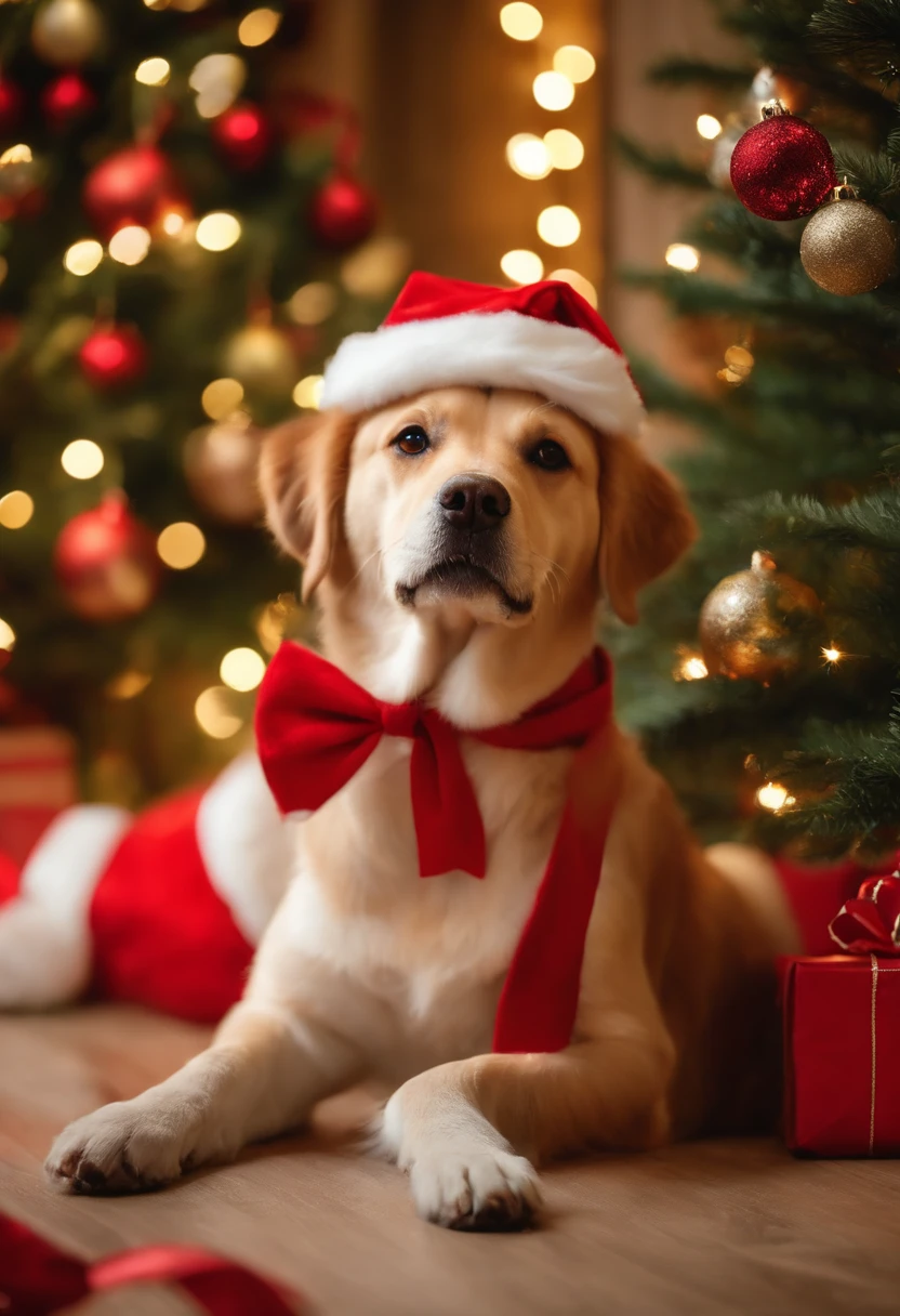 a variety of dogs dressed in santa claus hats and red bow for tie,lighted christmas tree in background, Fresh and lovely,a warm color palette,Warm scene,smiling girl,Friendly,Natural light,soft shade