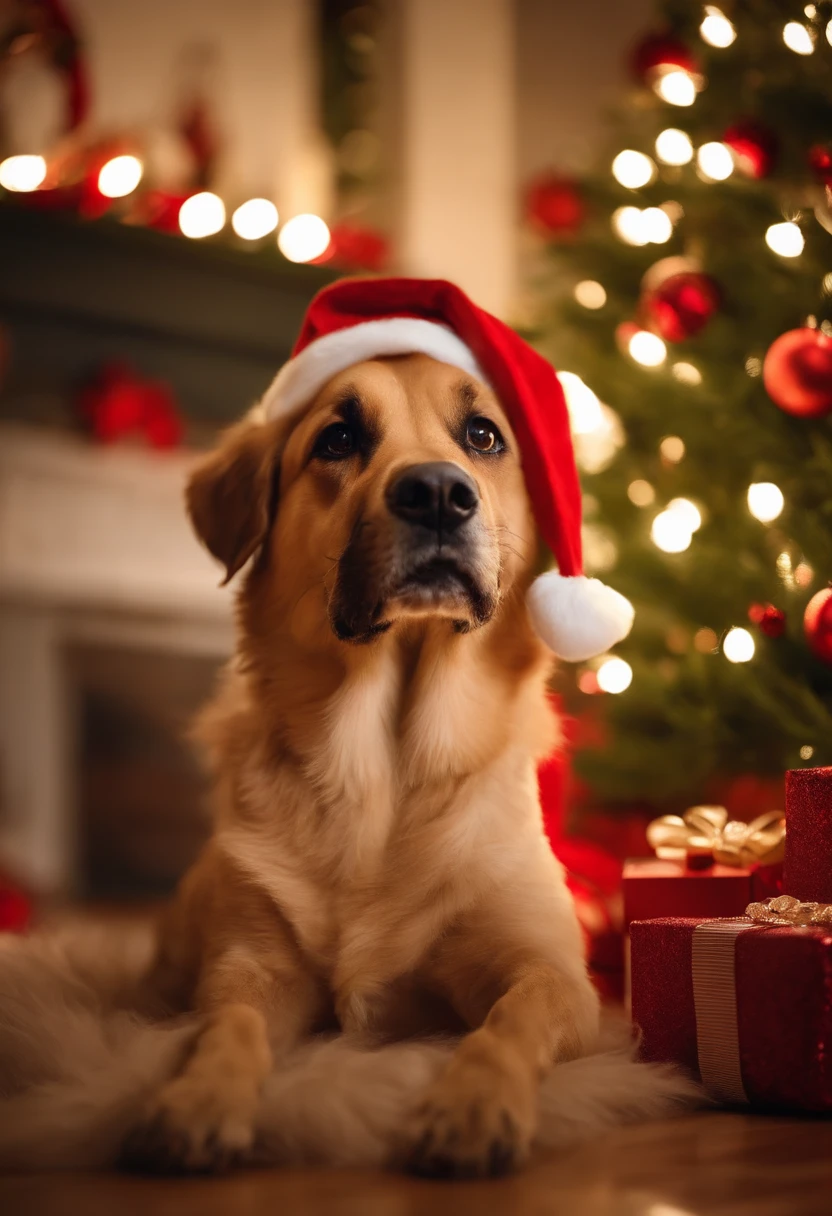 a variety of dogs dressed in santa claus hats and red bow for tie,lighted christmas tree in background, Fresh and lovely,a warm color palette,Warm scene,smiling girl,Friendly,Natural light,soft shade