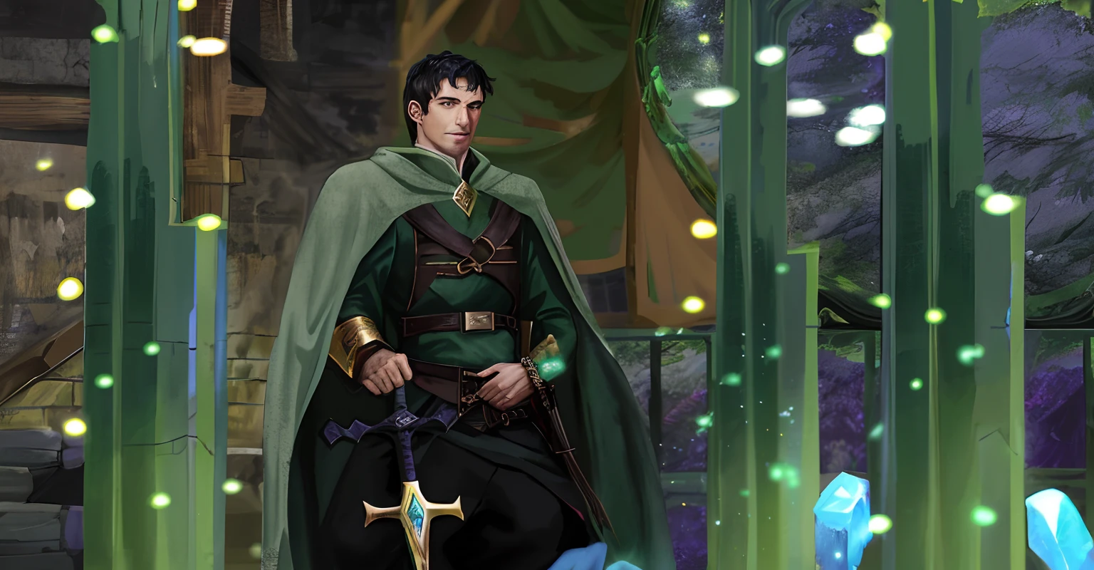 there is a man in a green cape and black outfit holding a sword, wearing green cloak, with a green cloak, wearing a green cloak, green cloak, dark green cloak, arsen lupin as a paladin, green robes, wearing dark green robes, green cape, picture of a male cleric, wearing mage robes, bracelet with green crystal, sword with crystal, summoner, medieval fantasy