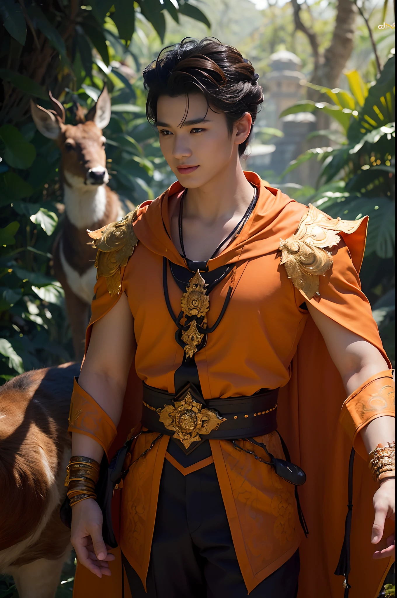 (1male) , Young European Man, God of Jupiter, Stand near a large deer..........., Looks interesting............(()).,,against the backdrop of the jungle and blue sky....................... (Dark Orange Updo:1.2),(Medium Full Shot) Wear diamond armor........, (Black inner leather jacket)(Orange Armor 1.1)(Kind smile),(Black eyes), And an orange robe..............,(Long orange scarf) (capes:1.2) Royal Style (embroidery:0.5) (long hairstyle, Dark Brown)., skinny (Gorket Luckcart Poldron :1.3), (masterpiece:1.2) (illustration:1.1) (bestquality:1.2) (Detailed) (intricate) (10) (HDR) (wallpaper) (Cinematic lighting) (crisp focus), Thai Style,Linekanok style,Linevichit Design