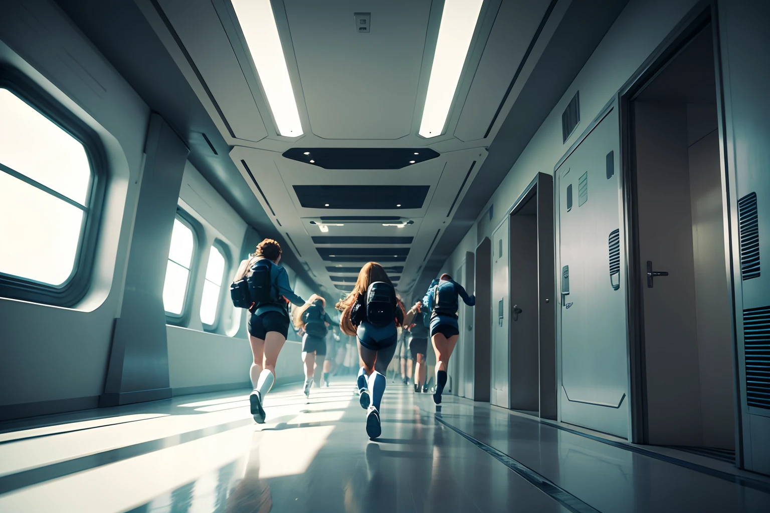 people running down the corridor of a spaceship about to be destroyed.