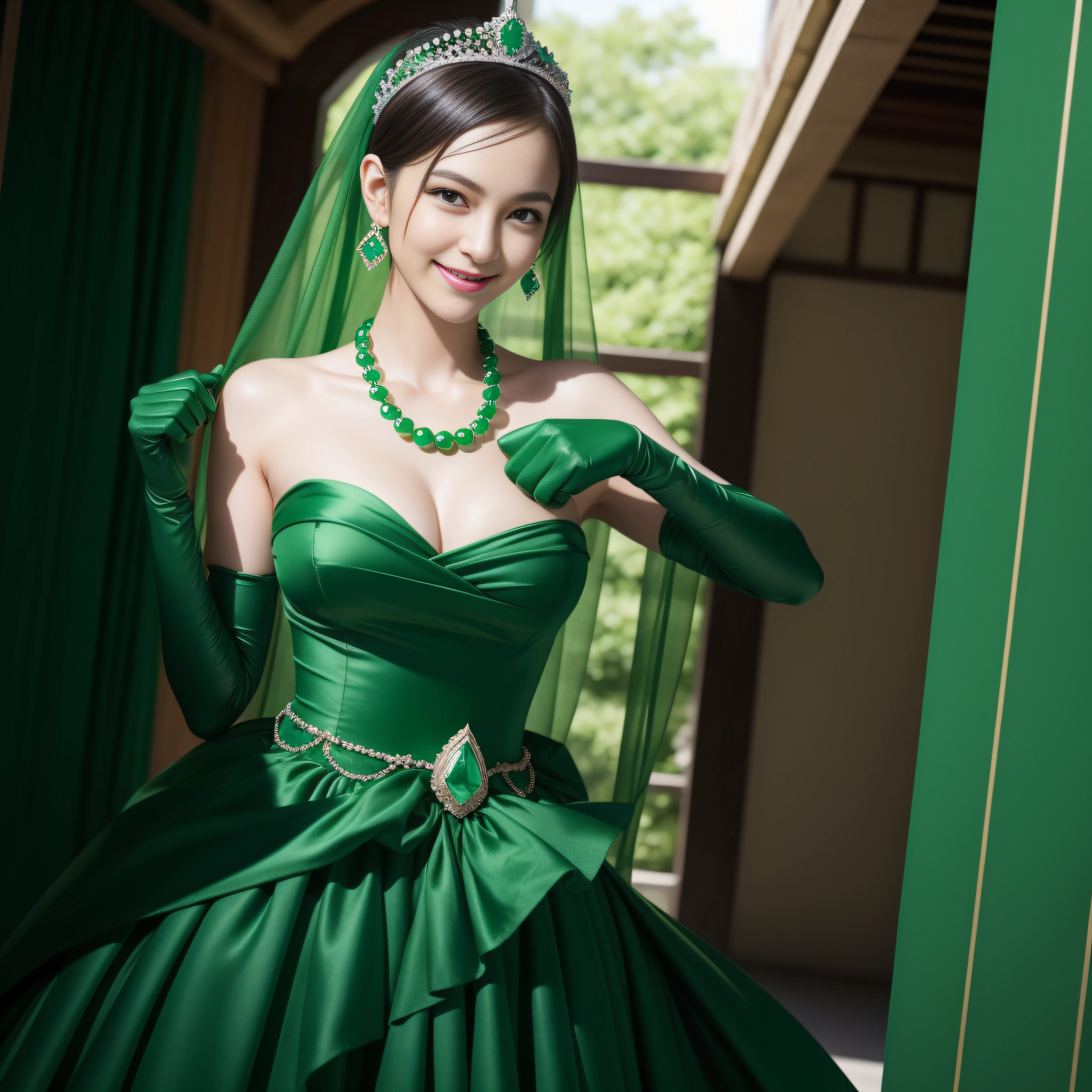 emerald tiara, Green Pearl Necklace, Boyish very short green hair, lipsticks, Japan woman smiling, very short short hair, fist, big breasts beautiful, Green eyes, Long green gloves made of satin material, Green eyes, Emerald Earrings