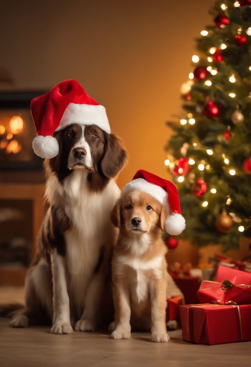 a variety of dogs dressed in santa claus hats and red bow for tie,lighted christmas tree in background, Fresh and lovely,a warm color palette,Warm scene,smiling girl,Friendly,Natural light,soft shade
